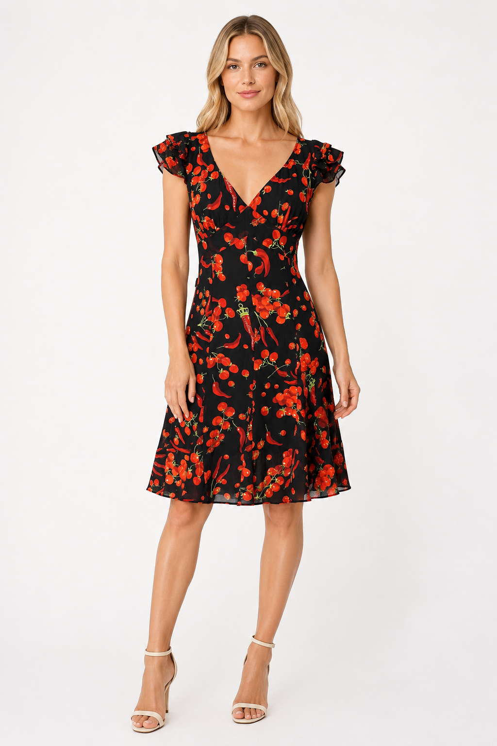 Moschino black silk dress cherry tomatoes & chili peppers