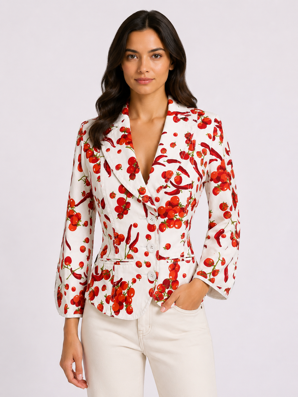 Moschino white cherry tomatoes chillies jacket