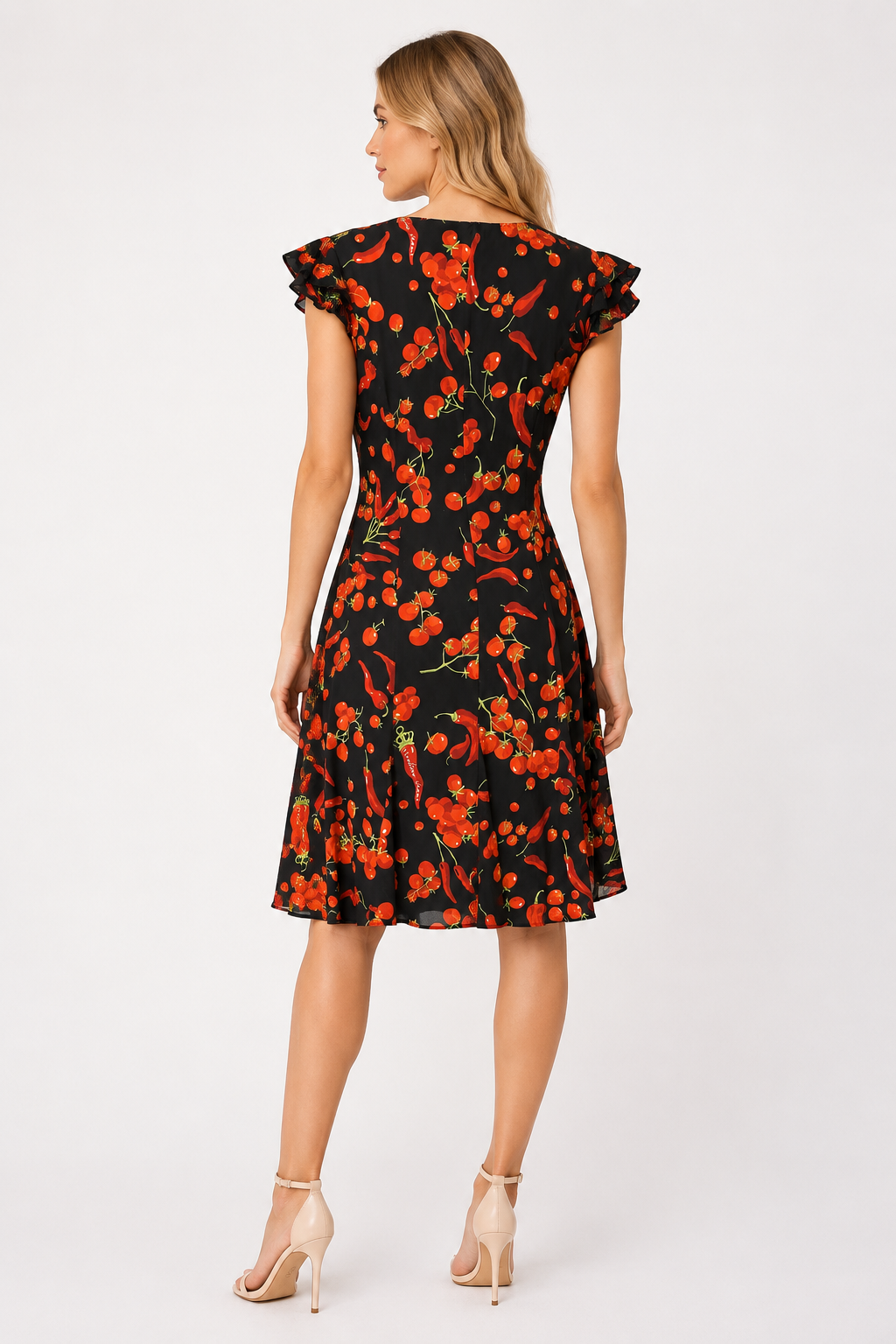 Moschino black silk dress cherry tomatoes & chili peppers