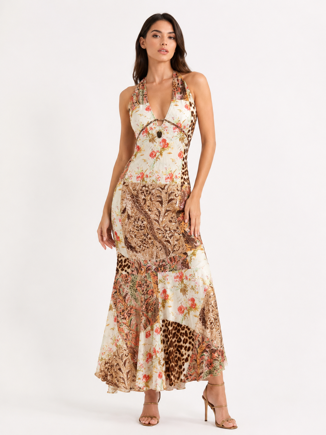 Roberto Cavalli Class 2004 patchwork print halter maxi dress