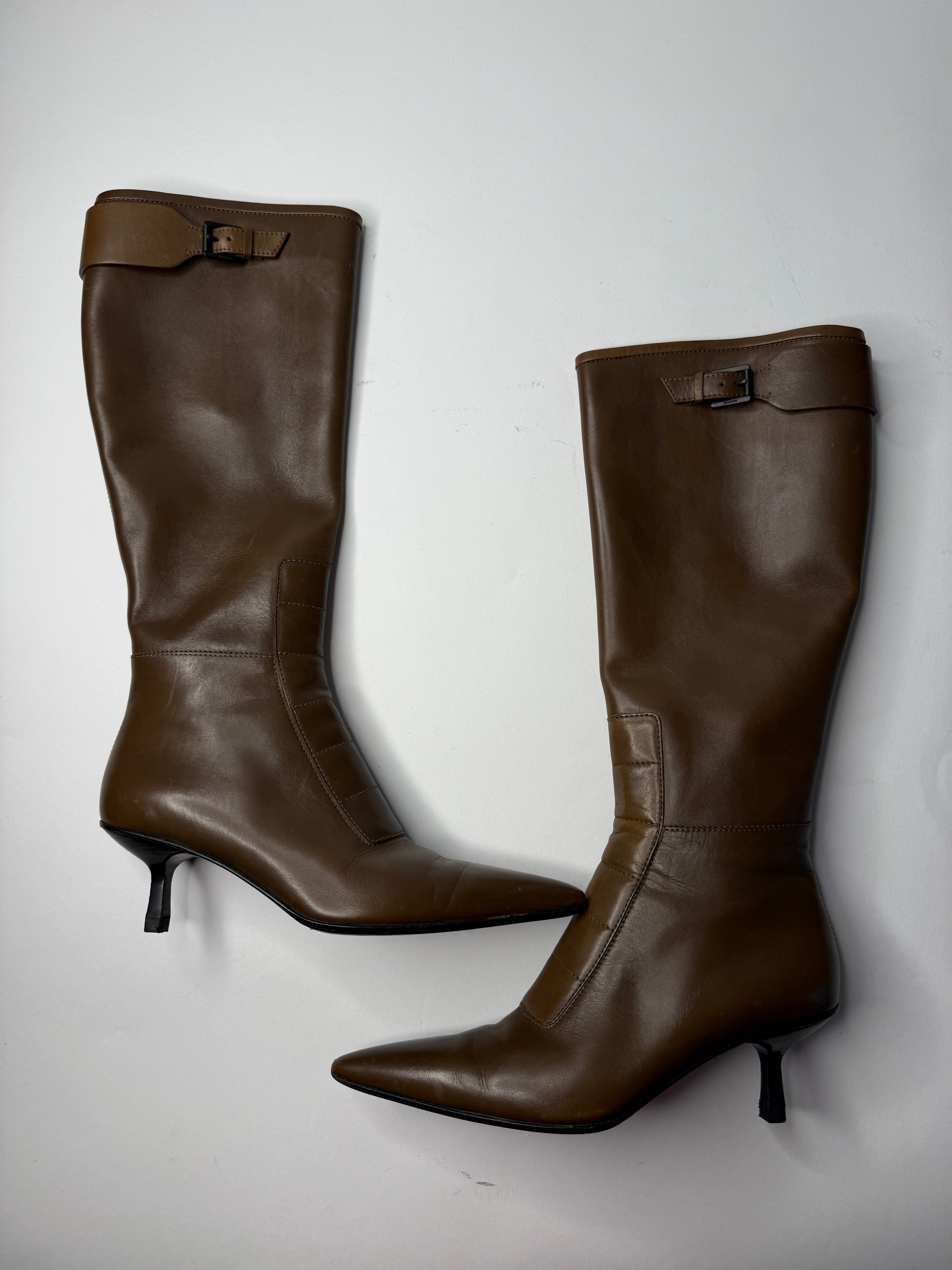 Gucci brown biker boots by Tom Ford