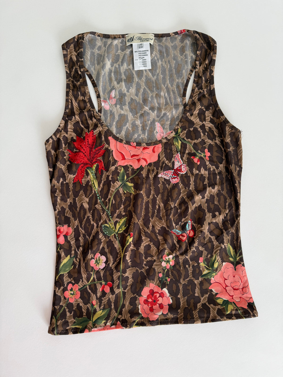 Blumarine leopard print silk embellished beads floral set 2000s
