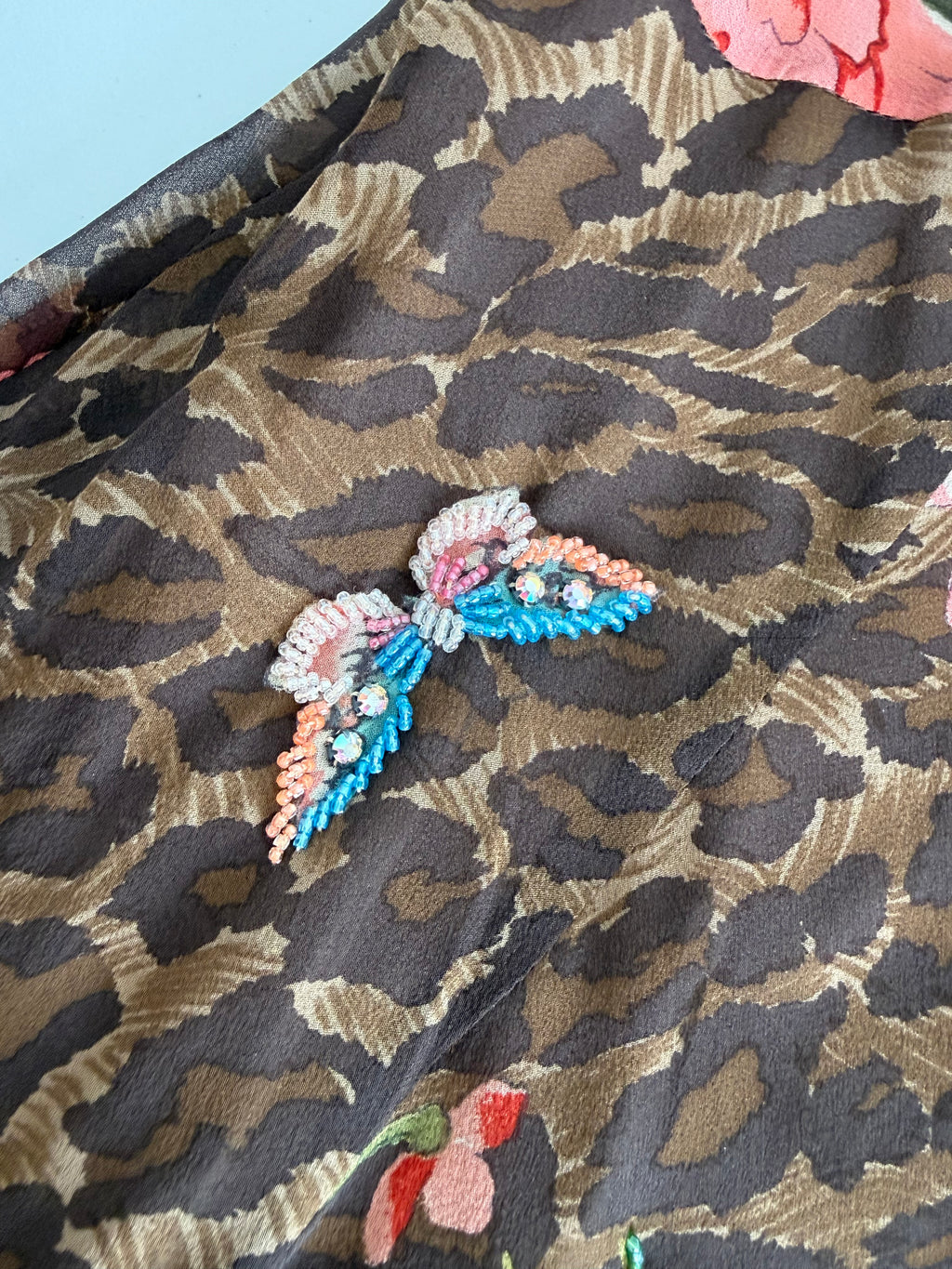 Blumarine leopard print silk embellished beads floral set 2000s
