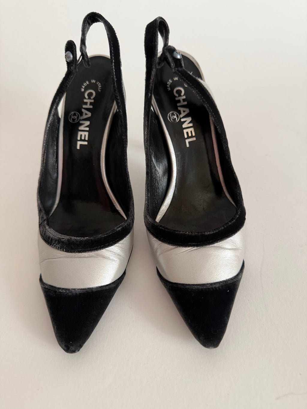 Chanel velvet silver pumps