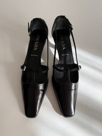Prada black leather pumps t-strap 90s