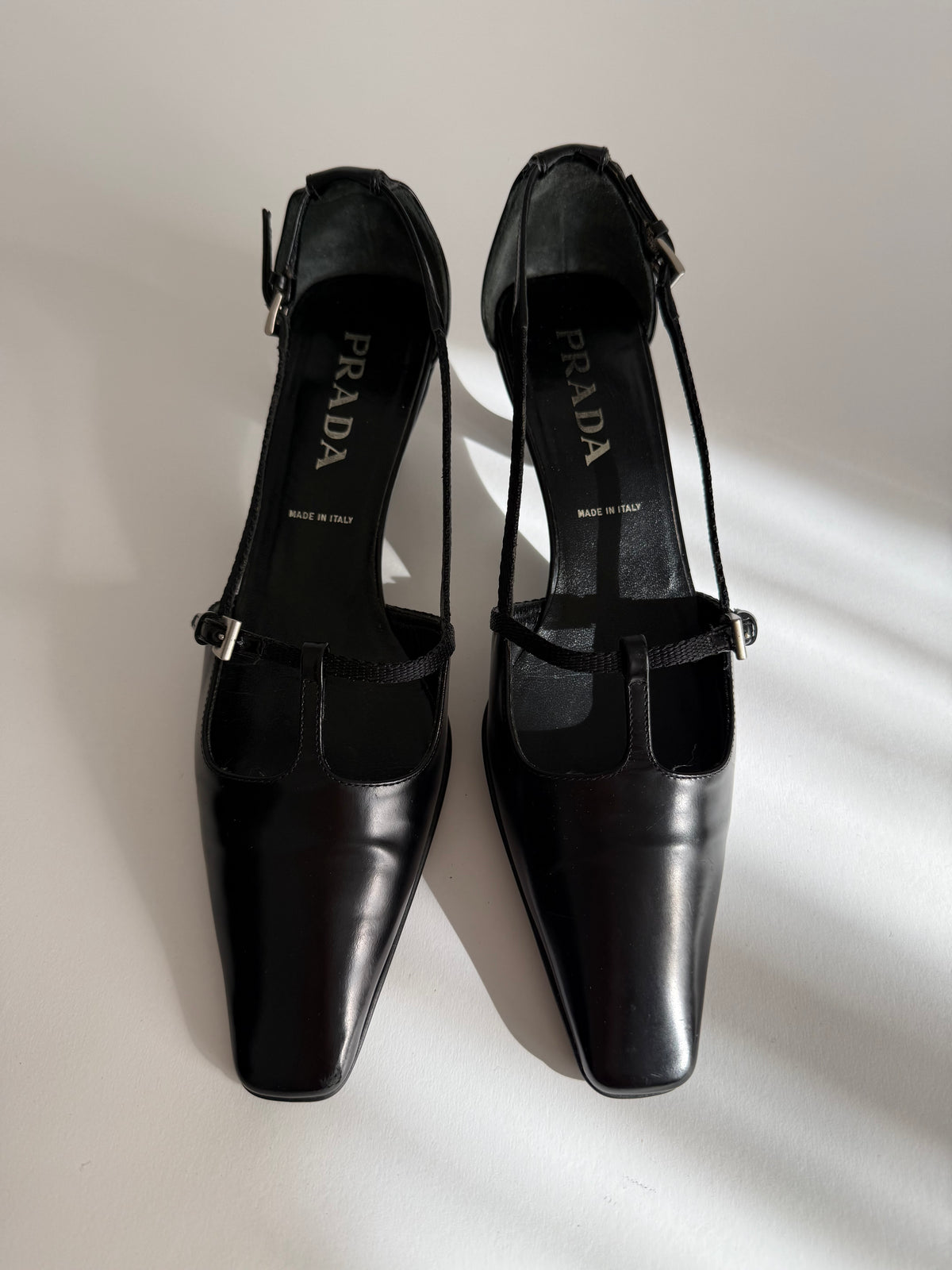 Prada black leather pumps t-strap 90s