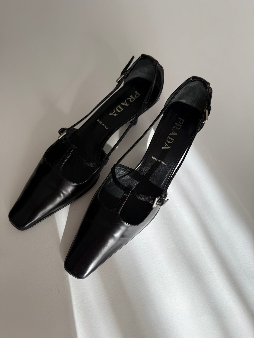 Prada black leather pumps t-strap 90s