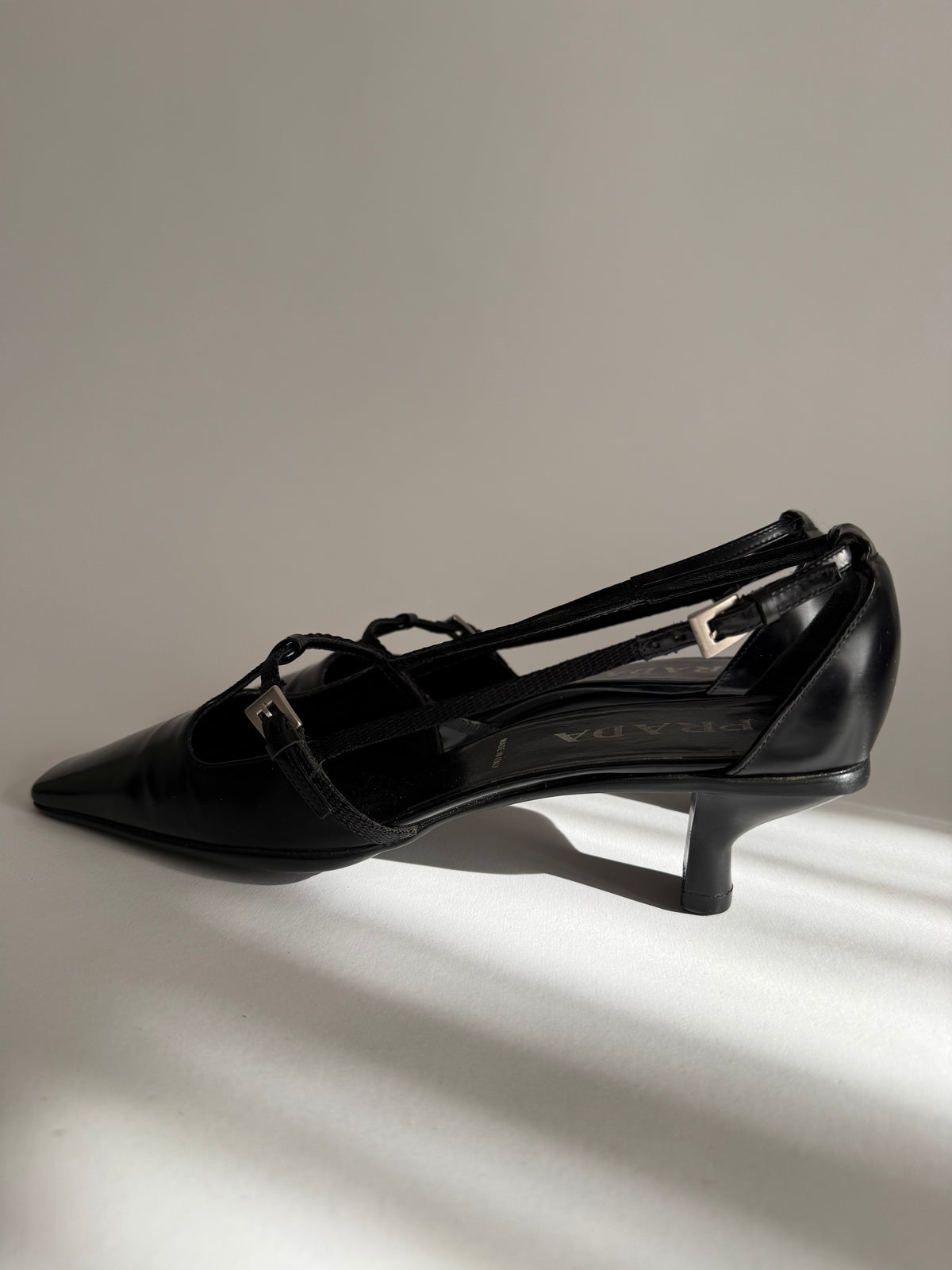 Prada black leather pumps t-strap 90s