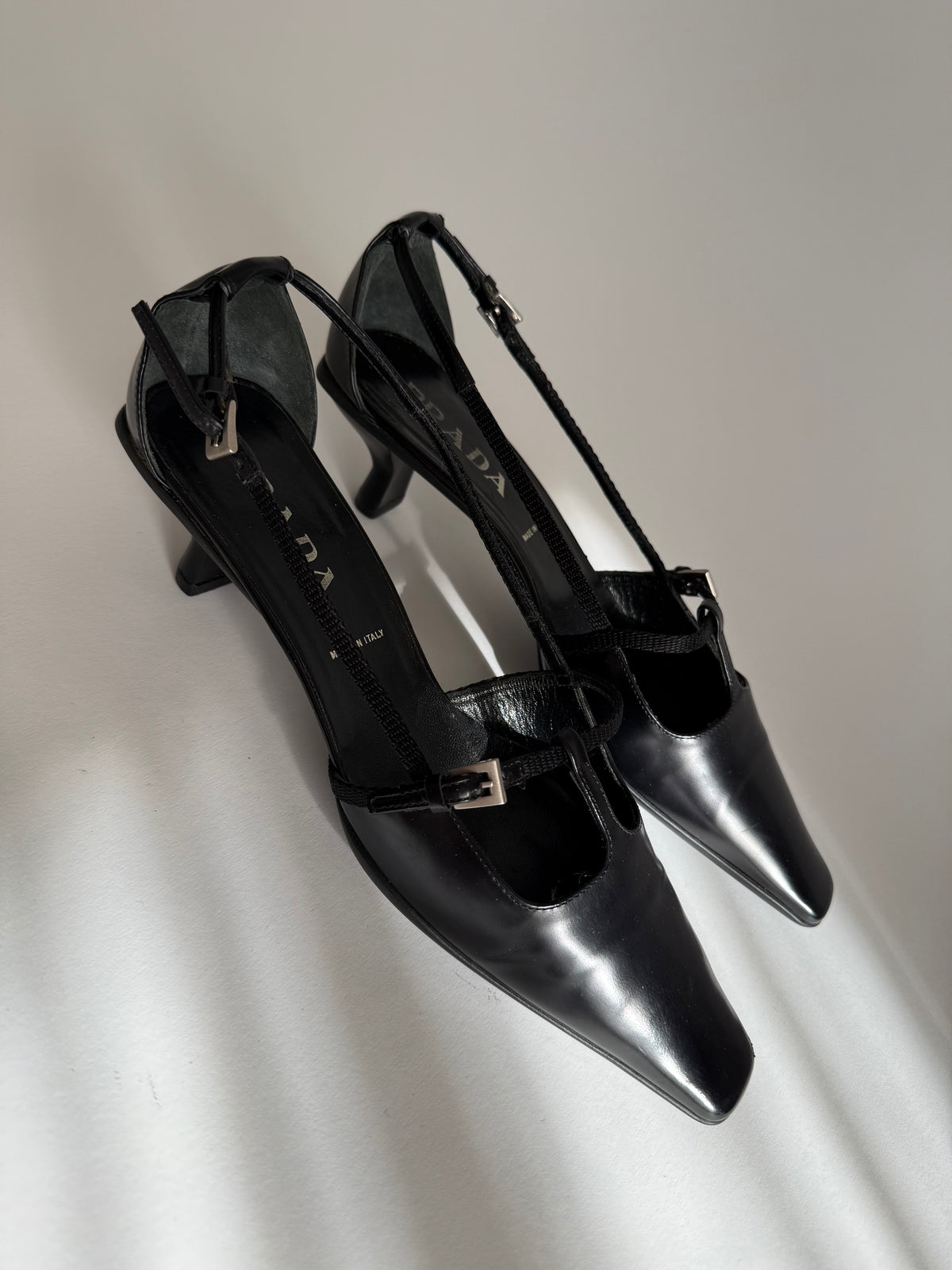 Prada black leather pumps t-strap 90s