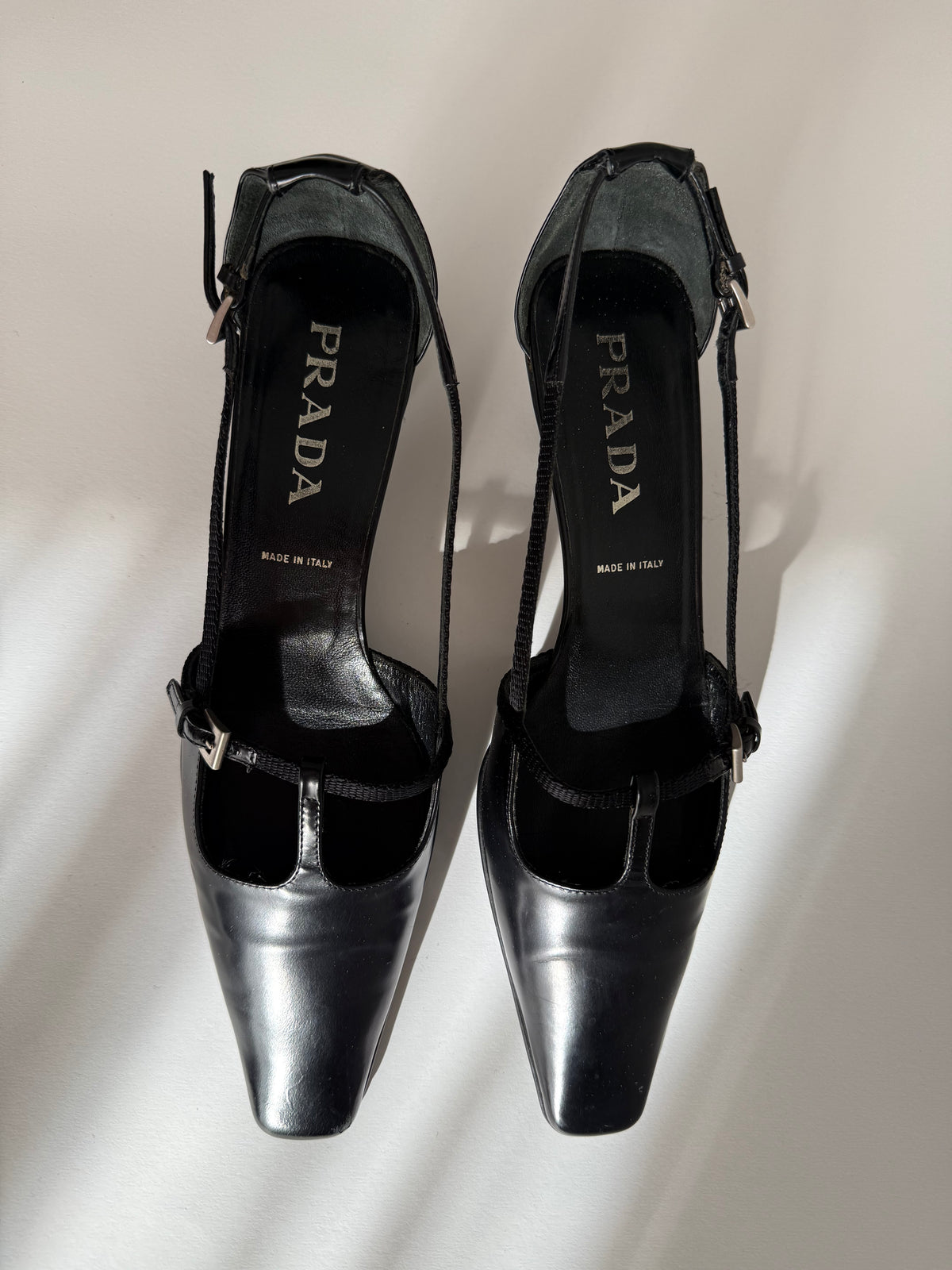 Prada black leather pumps t-strap 90s