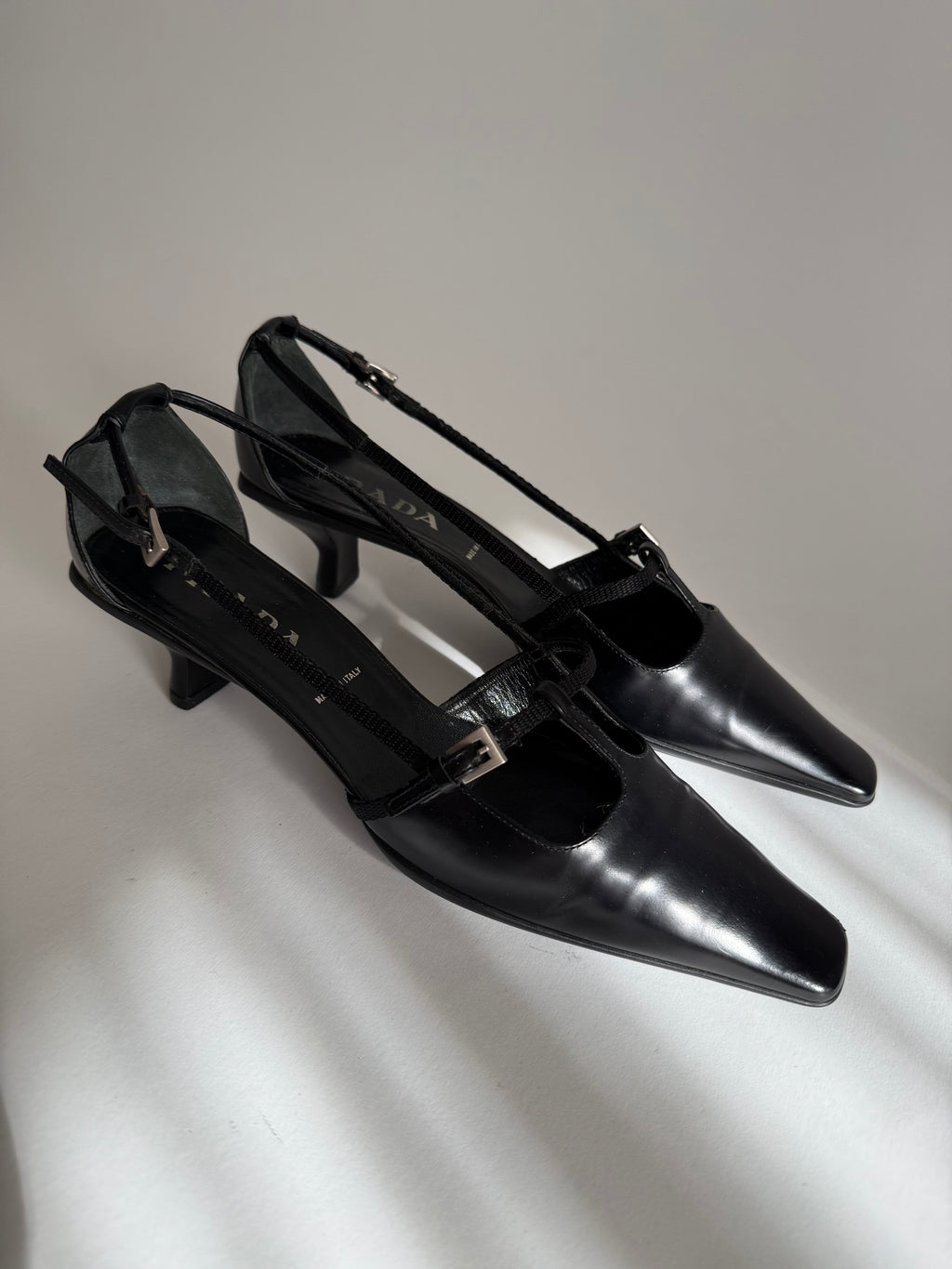 Prada black leather pumps t-strap 90s