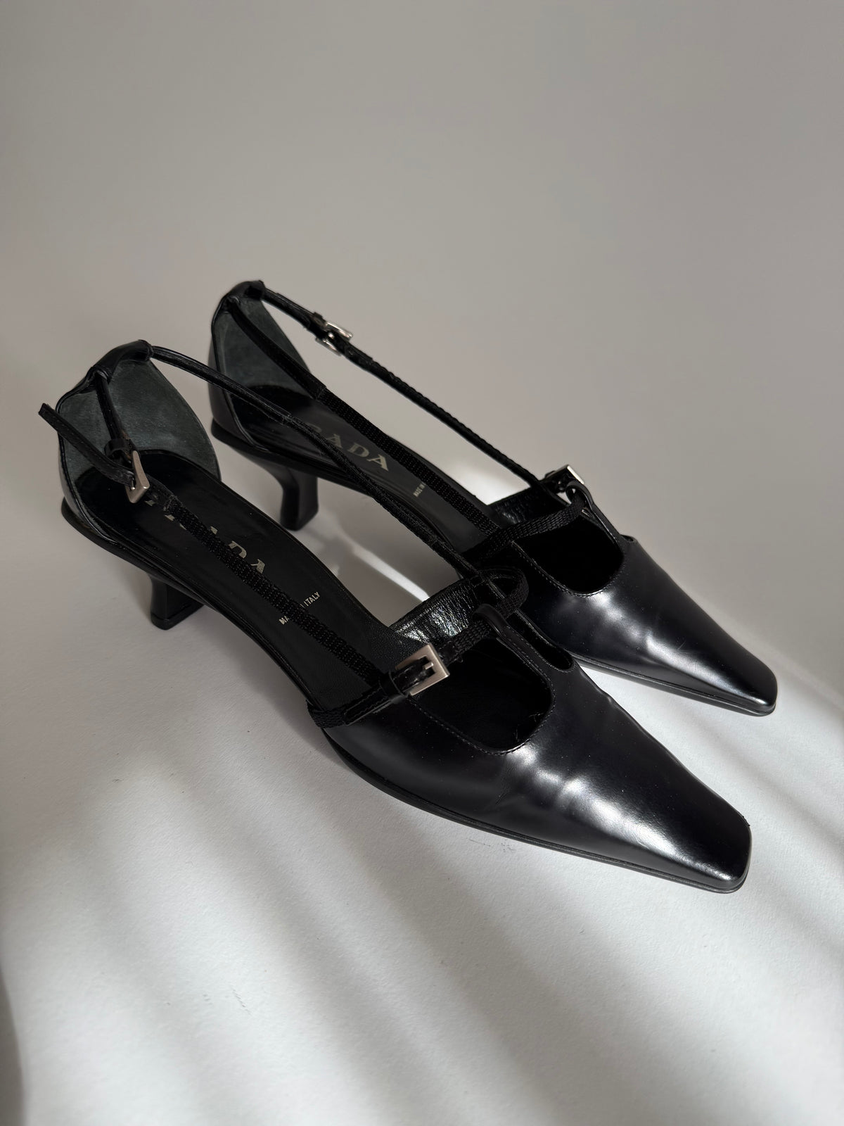 Prada black leather pumps t-strap 90s