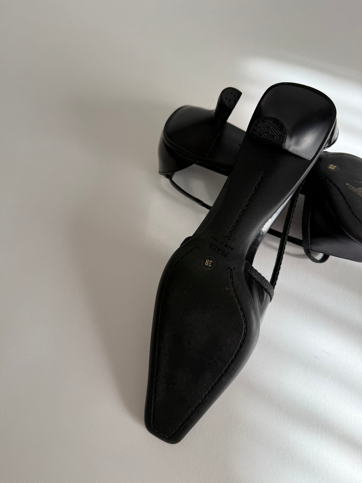Prada black leather pumps t-strap 90s