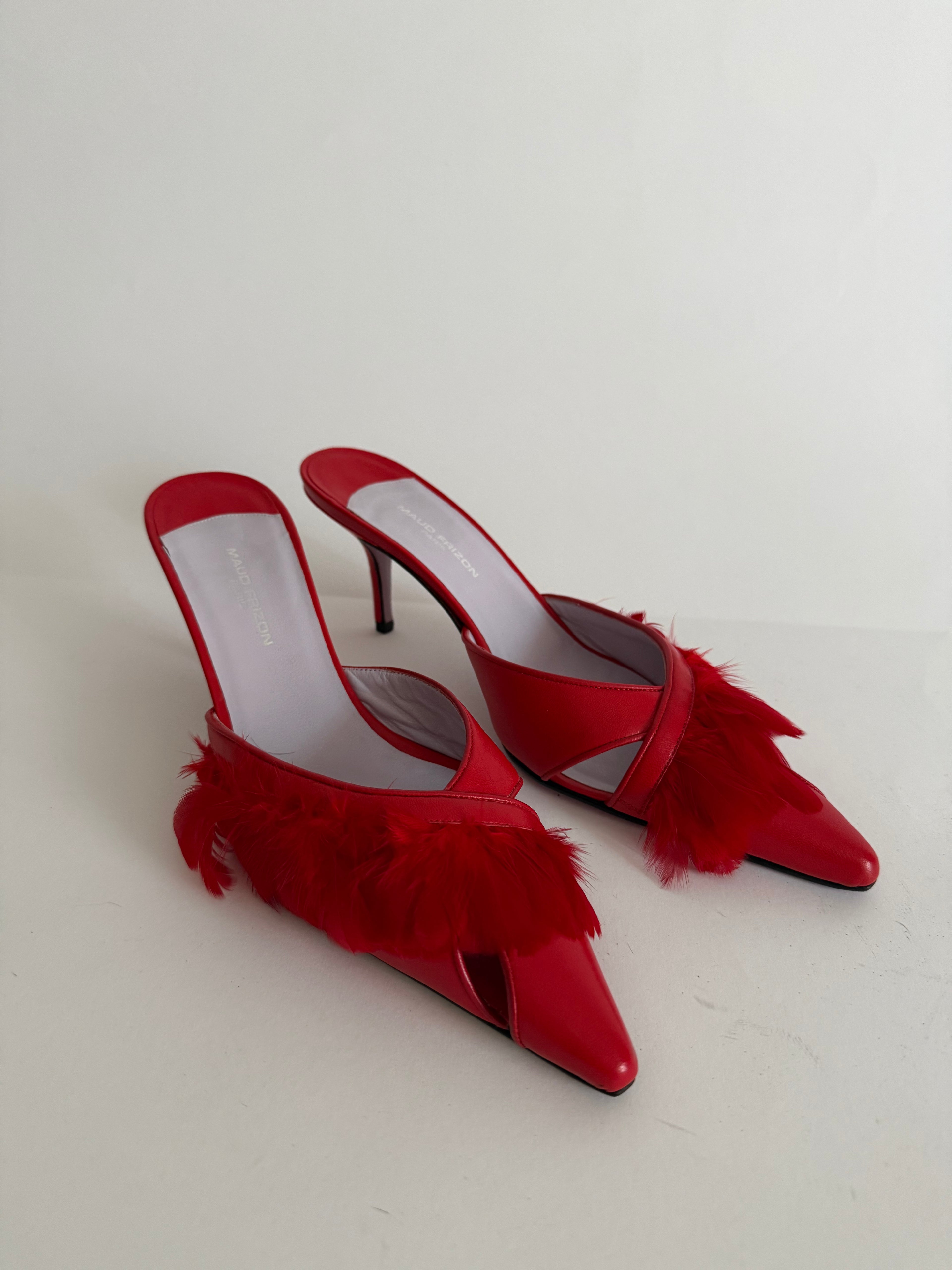 Maud Frizon red feathers mules