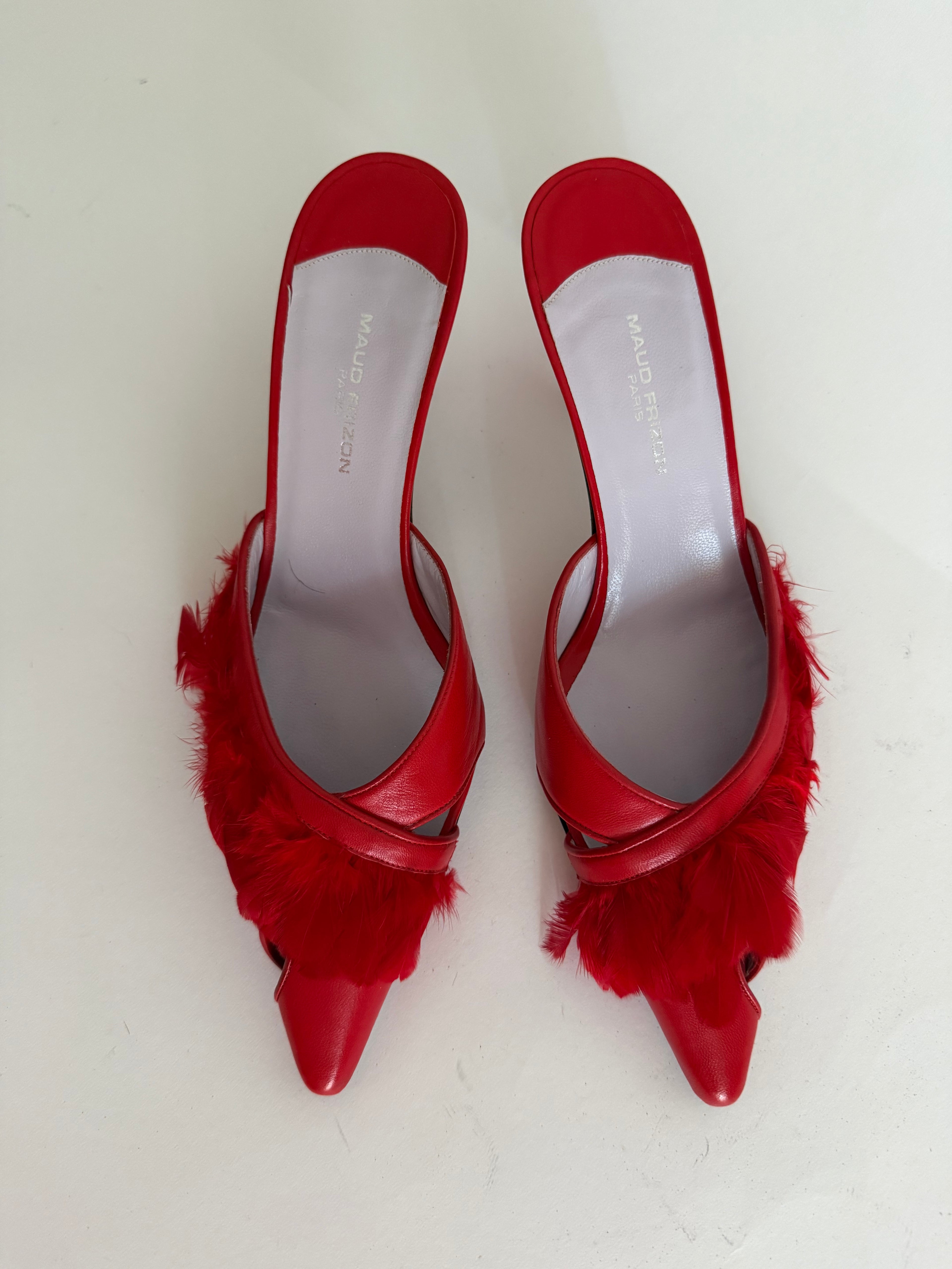 Maud Frizon red feathers mules