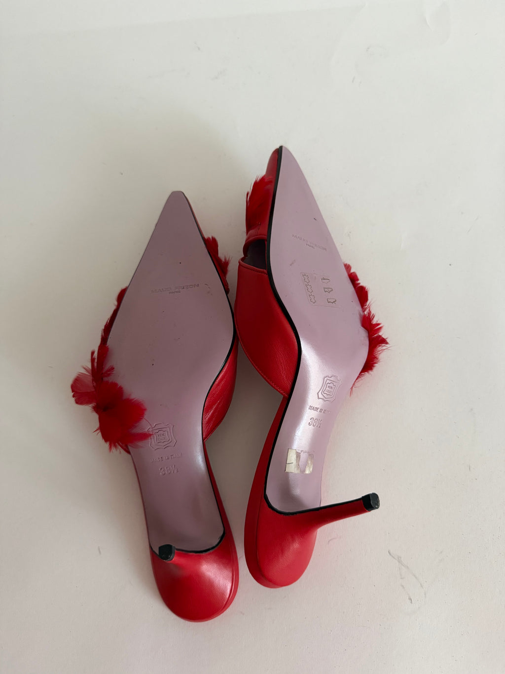 Maud Frizon red feathers mules