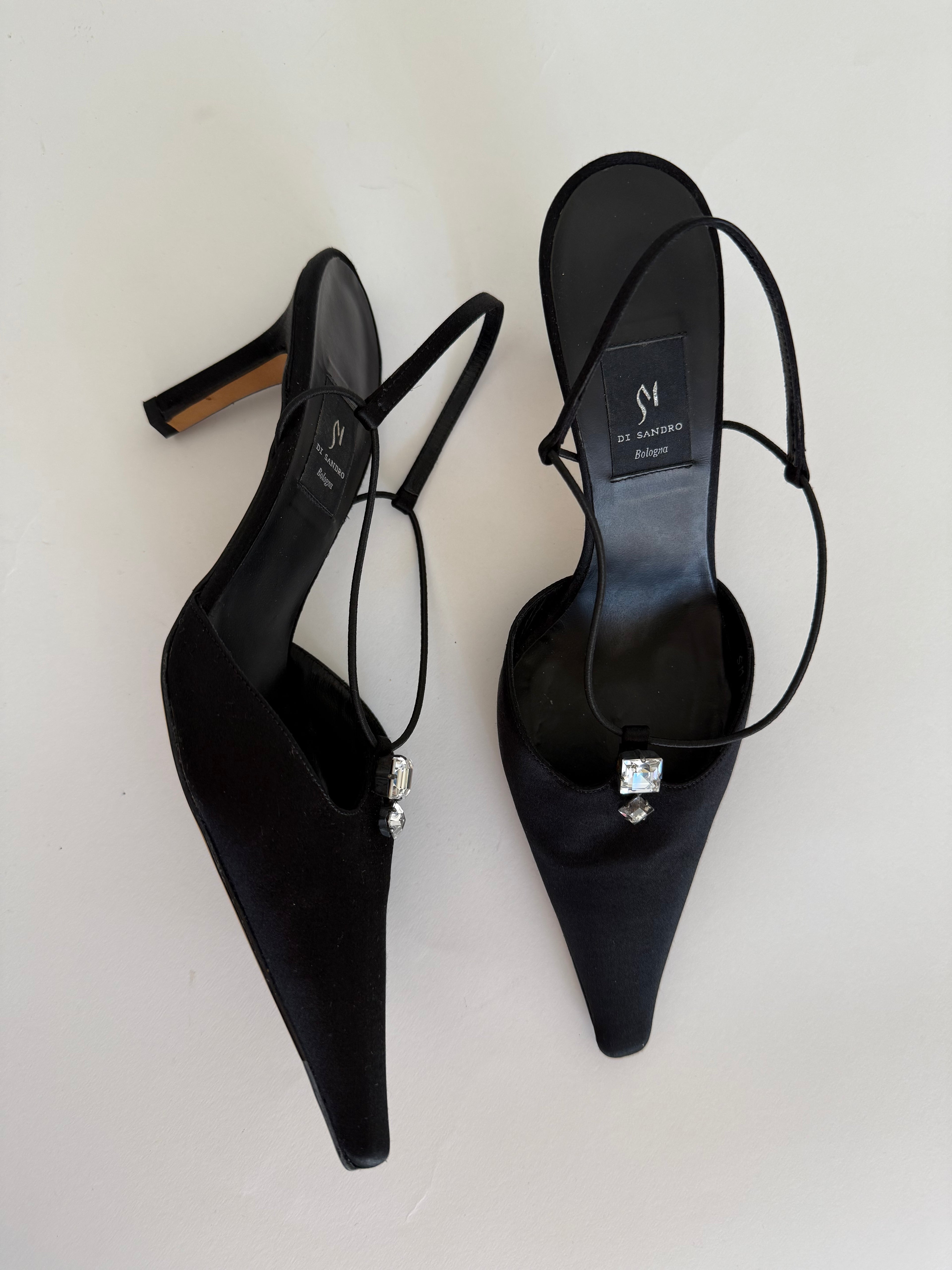 Vintage black silk heels strass
