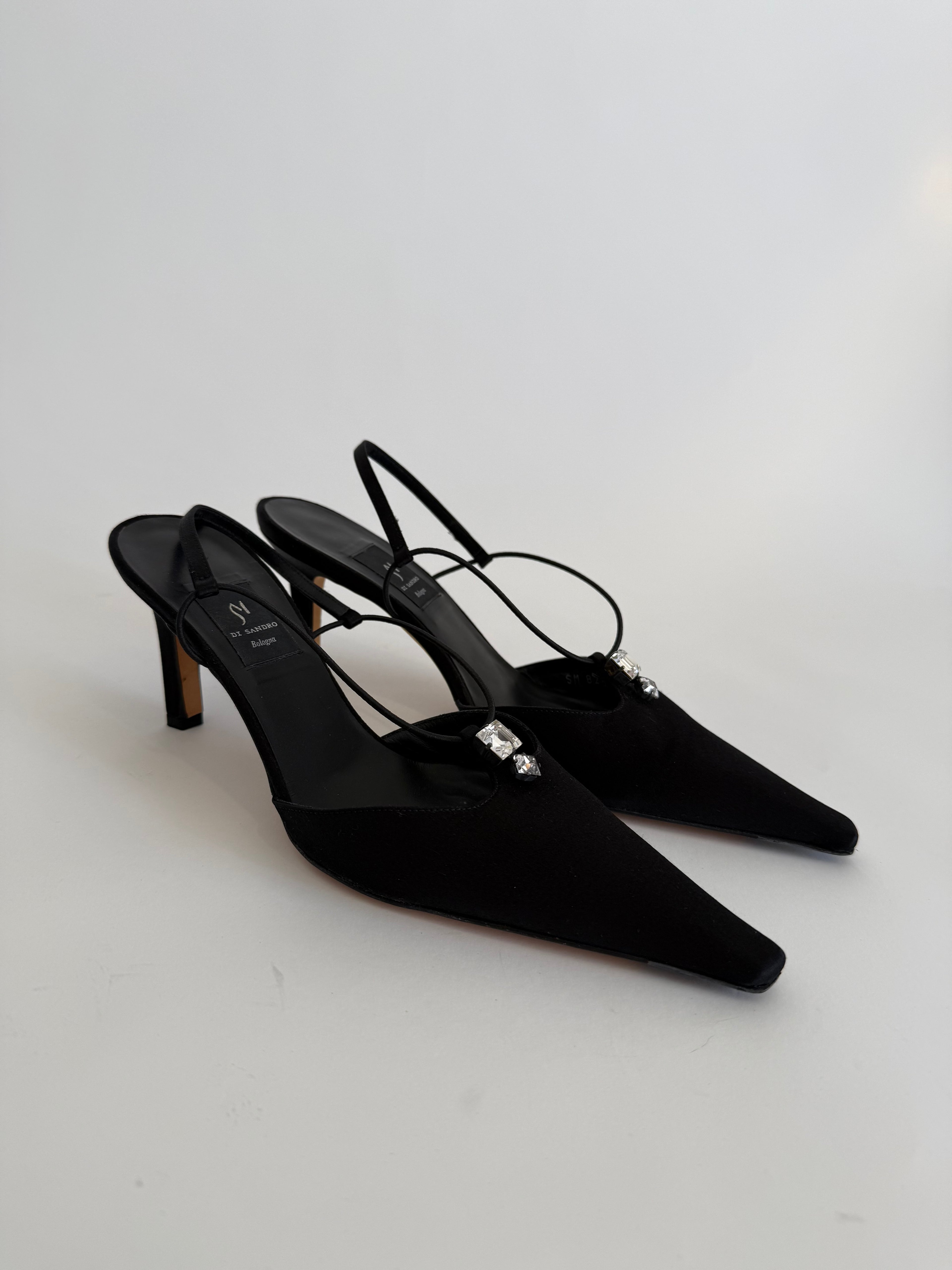 Vintage black silk heels strass