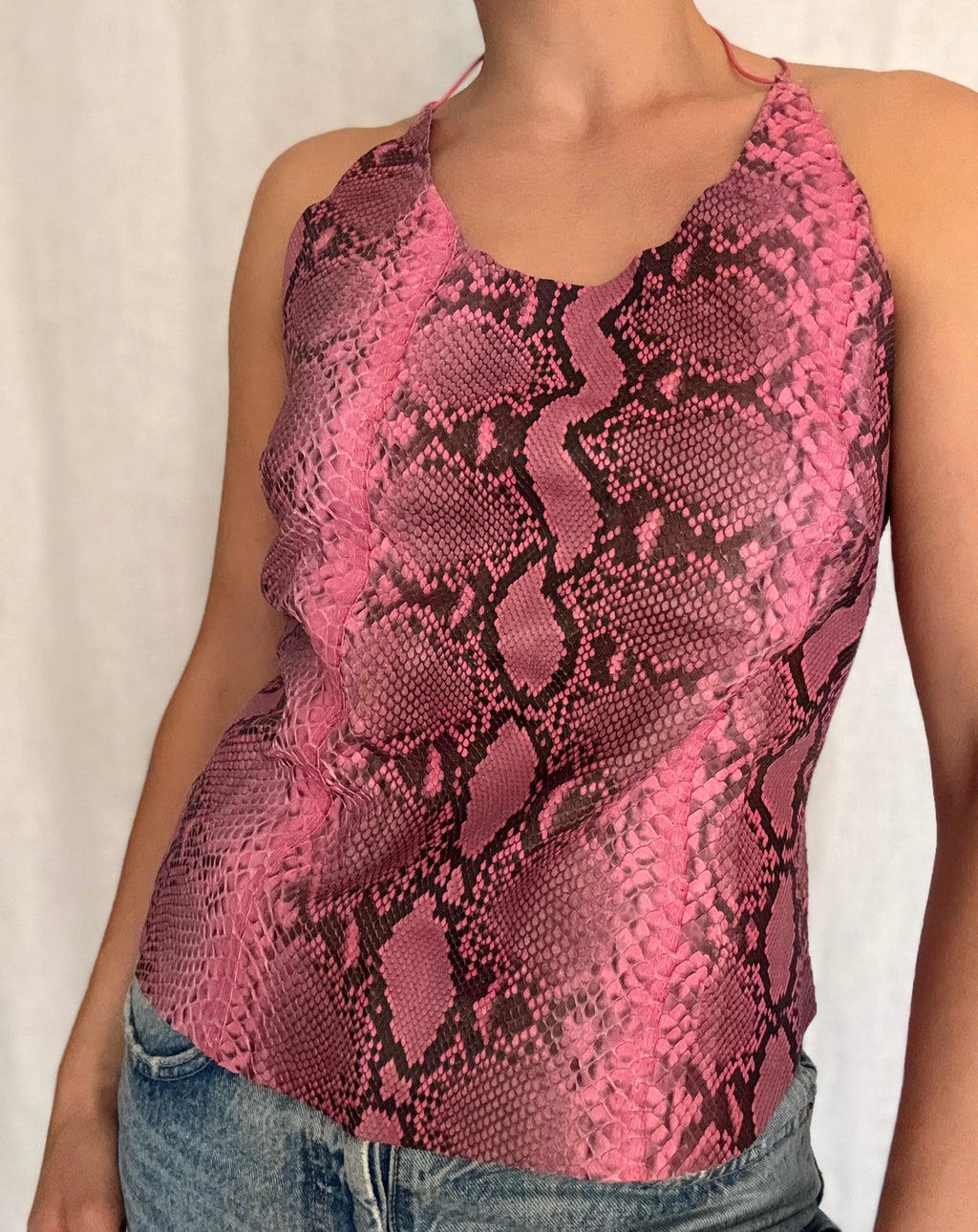 Vintage 90s pink python leather bare back top
