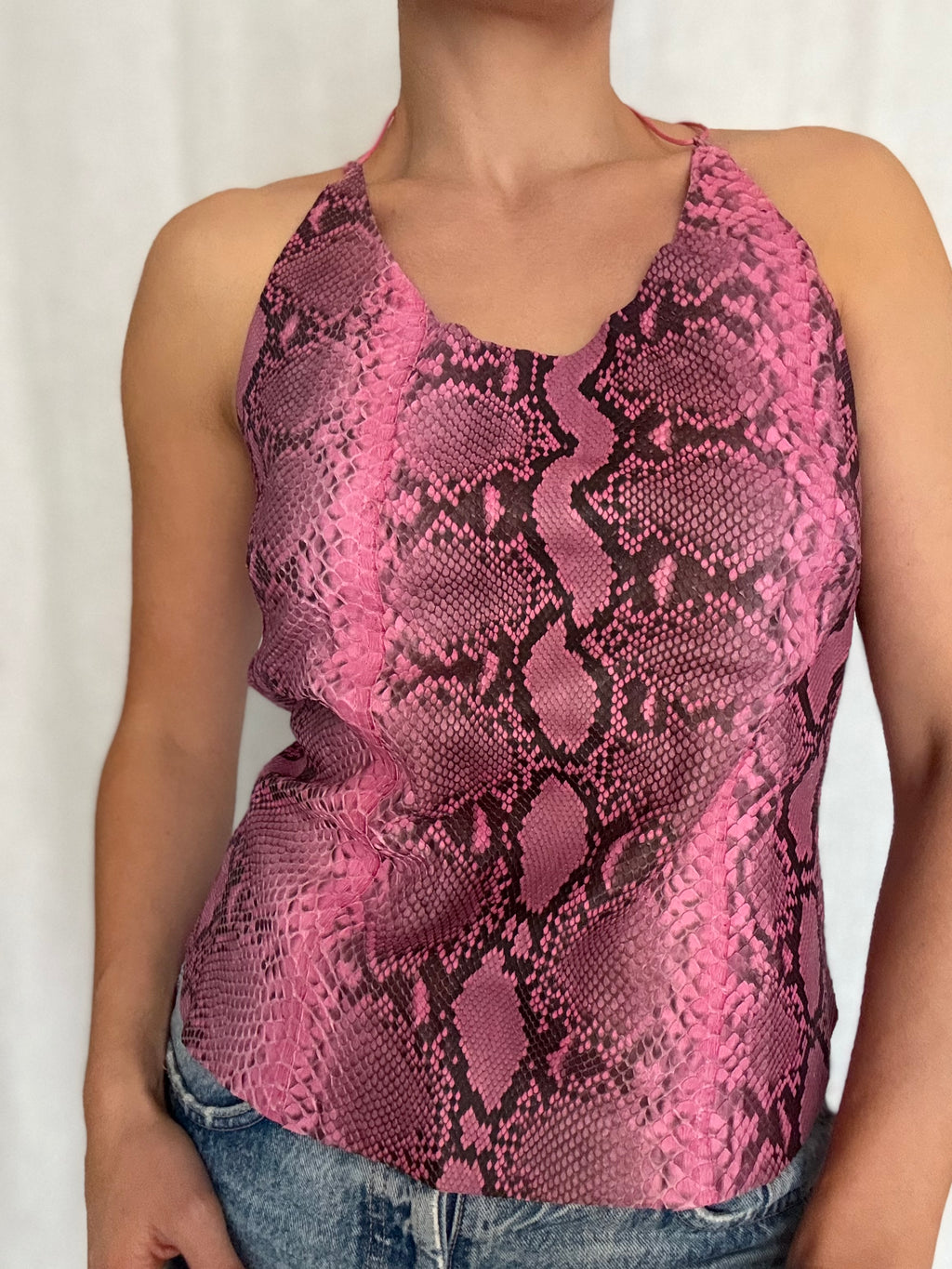 Vintage 90s pink python leather bare back top