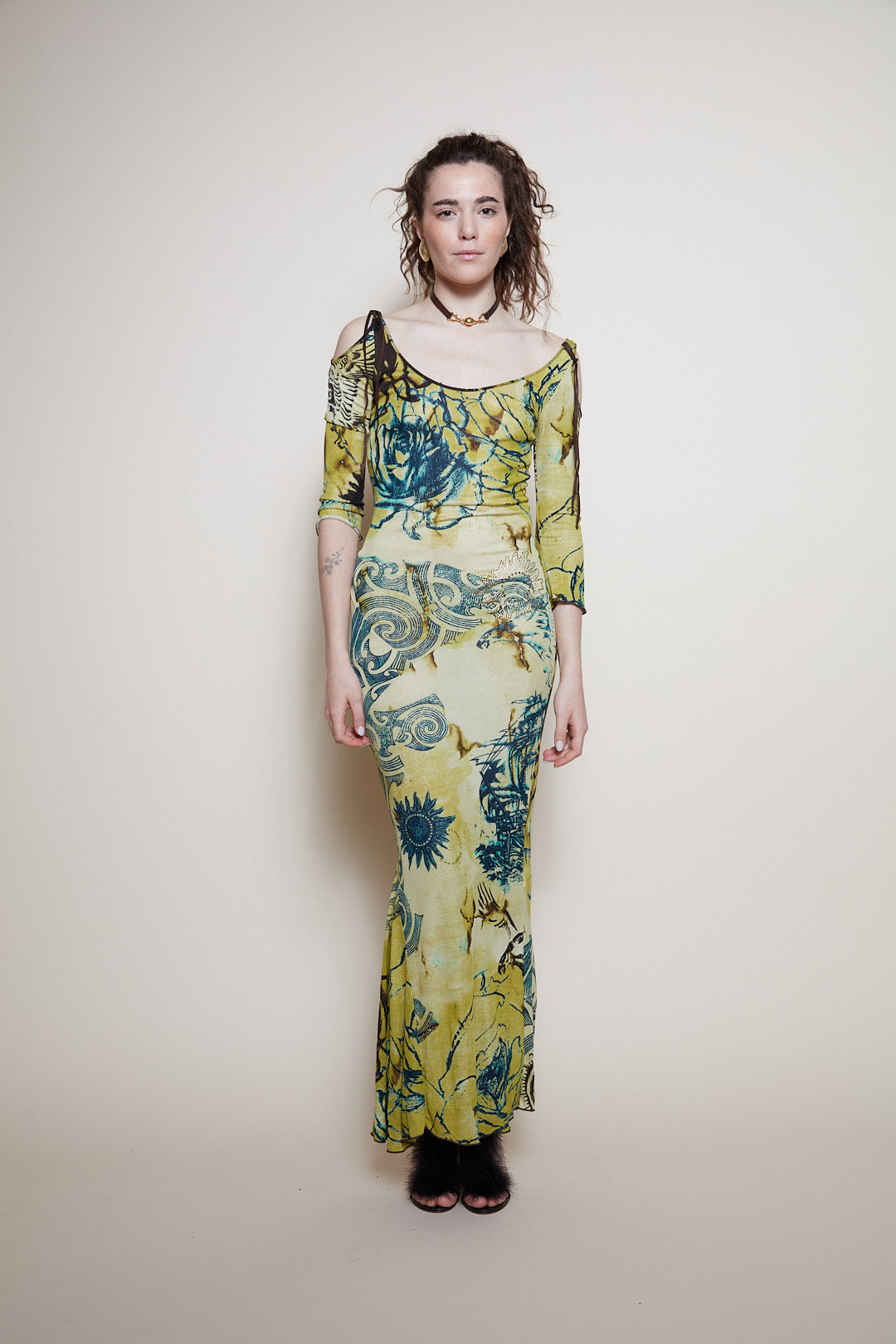 Roberto Cavalli 2003 Tattoo Print Maxi Dress
