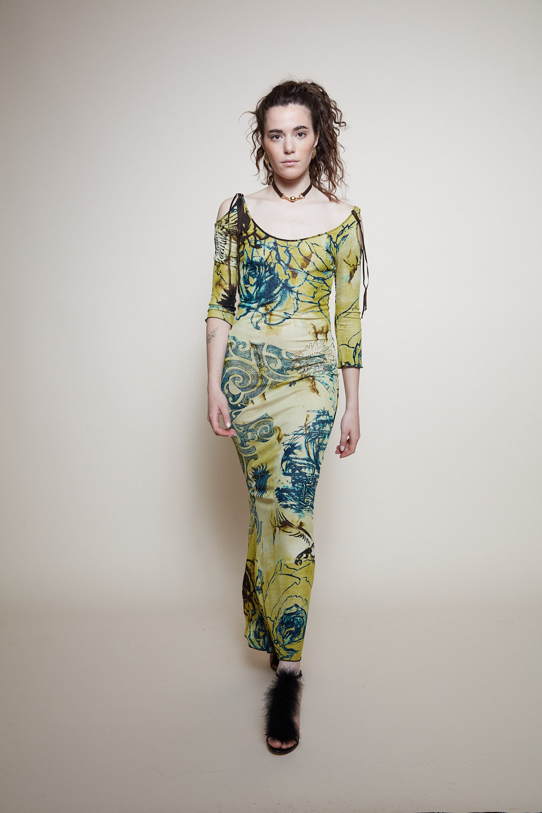 Roberto Cavalli 2003 Tattoo Print Maxi Dress