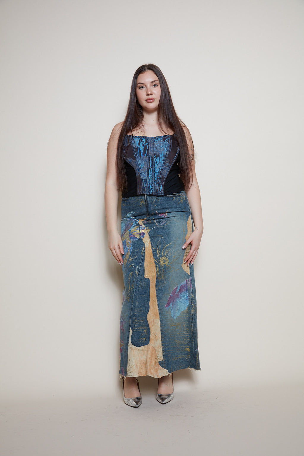 Roberto Cavalli painted denim leather skirt