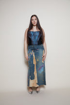 Roberto Cavalli painted denim leather skirt