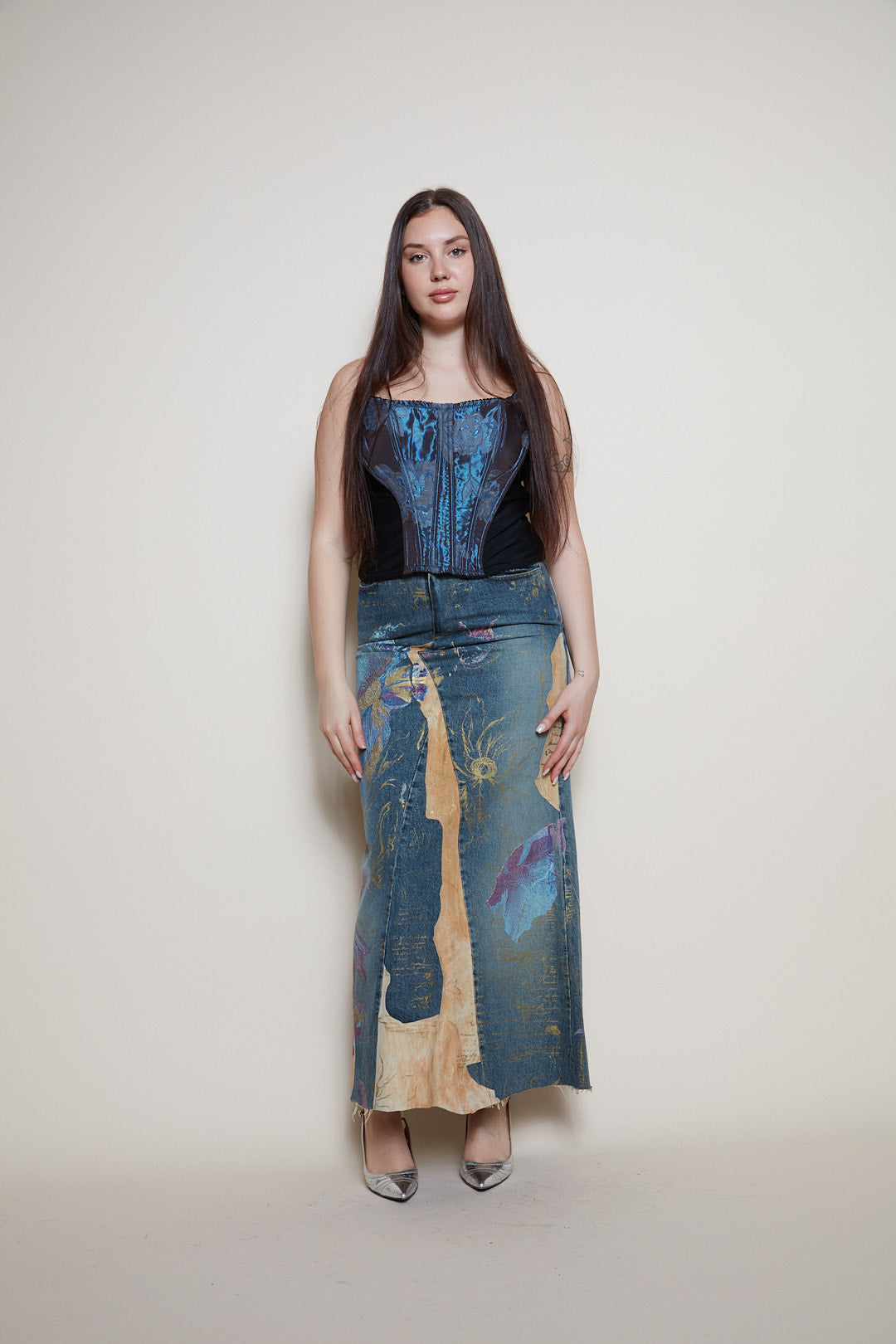 Roberto Cavalli painted denim leather skirt