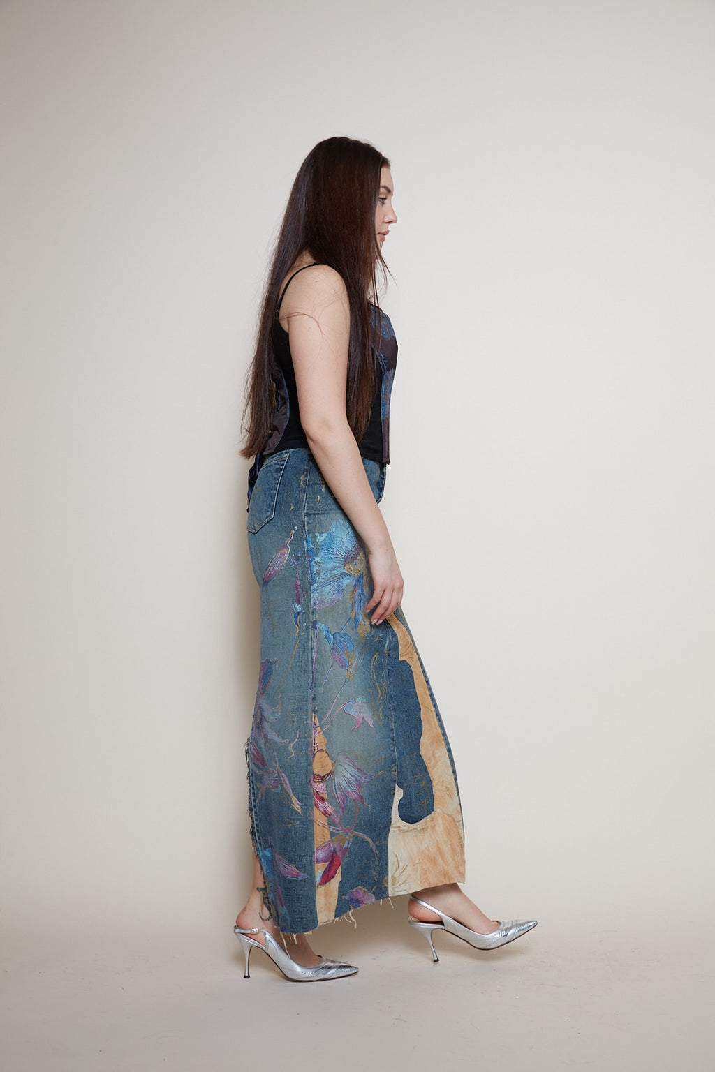 Roberto Cavalli painted denim leather skirt