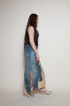 Roberto Cavalli painted denim leather skirt