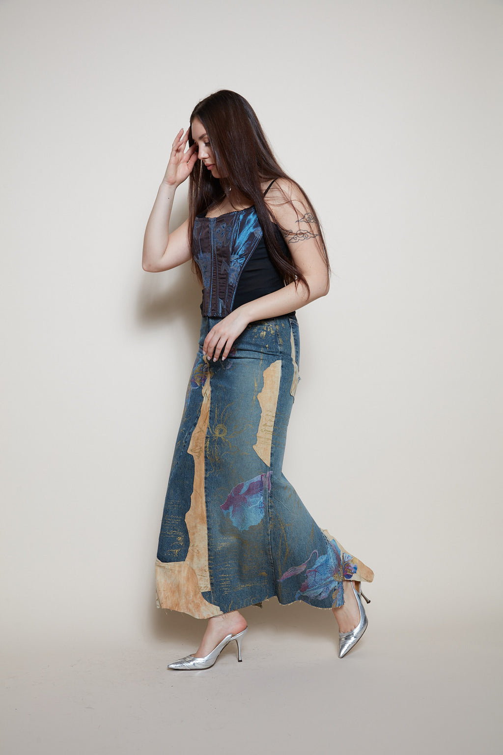 Roberto Cavalli painted denim leather skirt