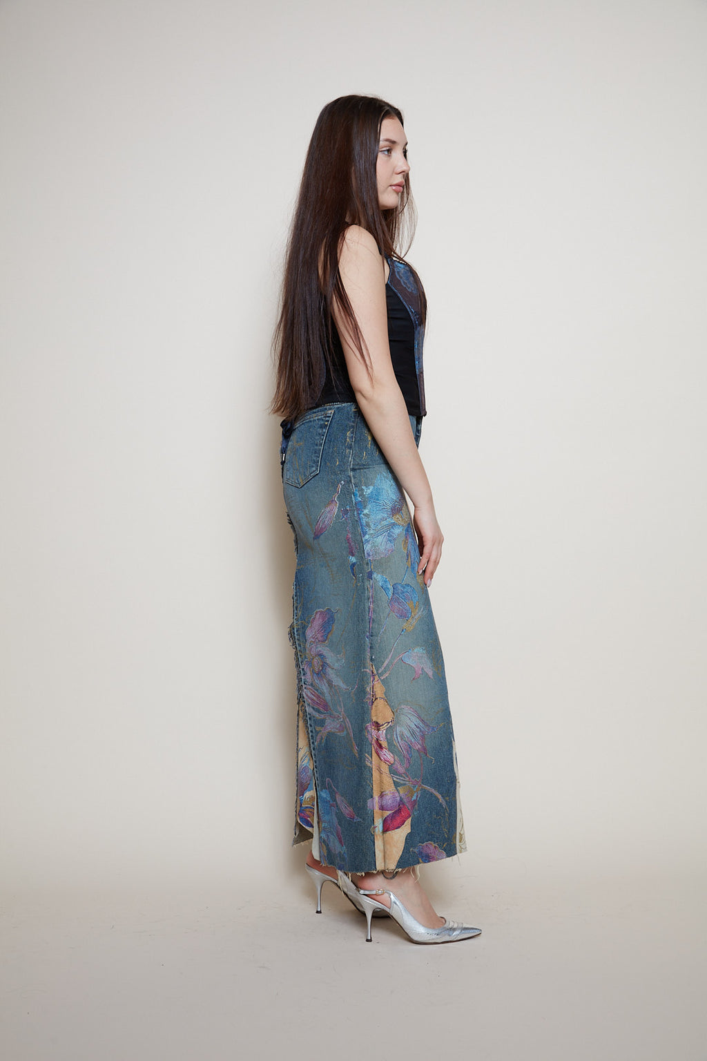 Roberto Cavalli painted denim leather skirt