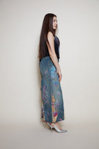 Roberto Cavalli painted denim leather skirt