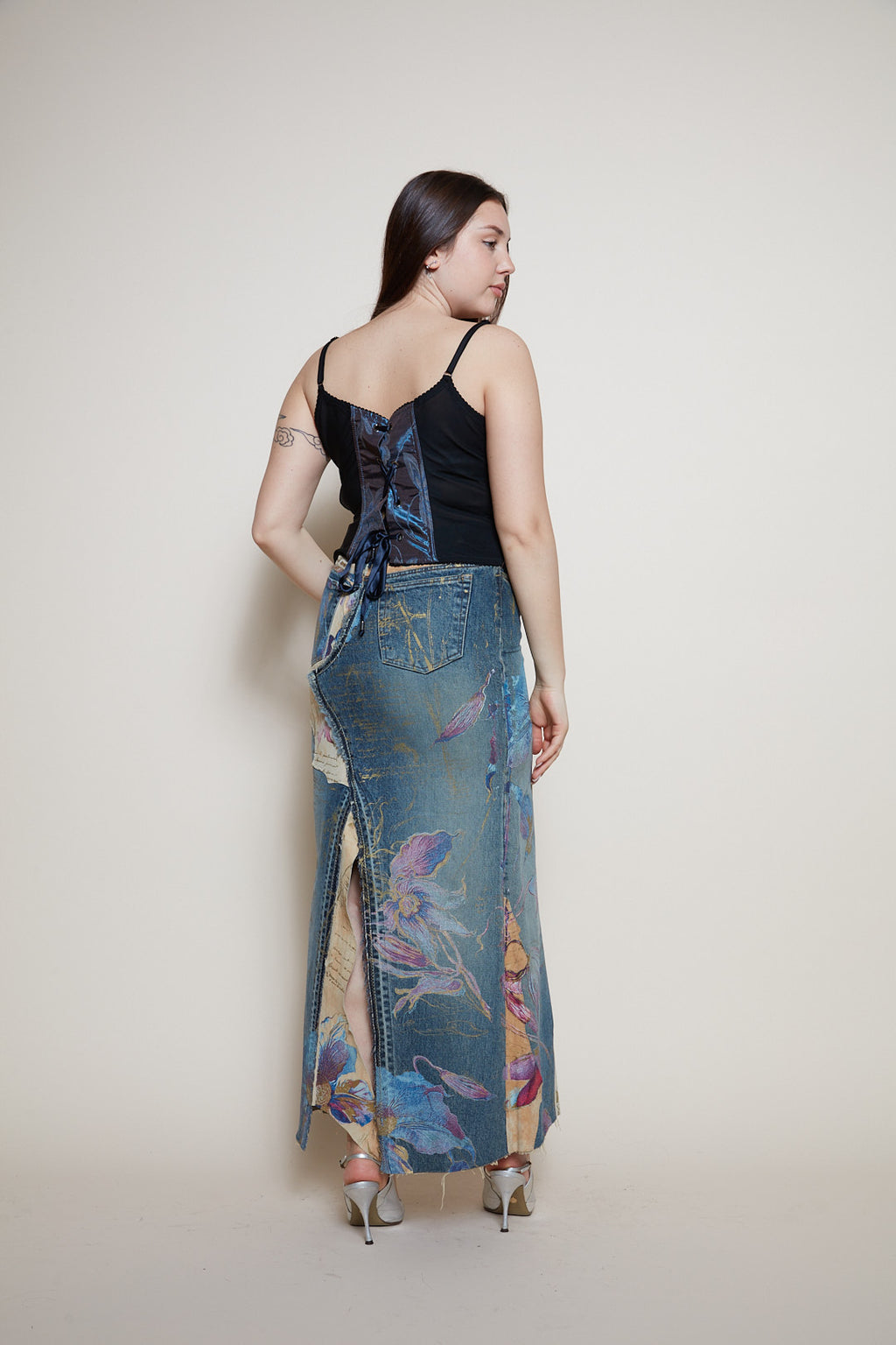 Roberto Cavalli painted denim leather skirt