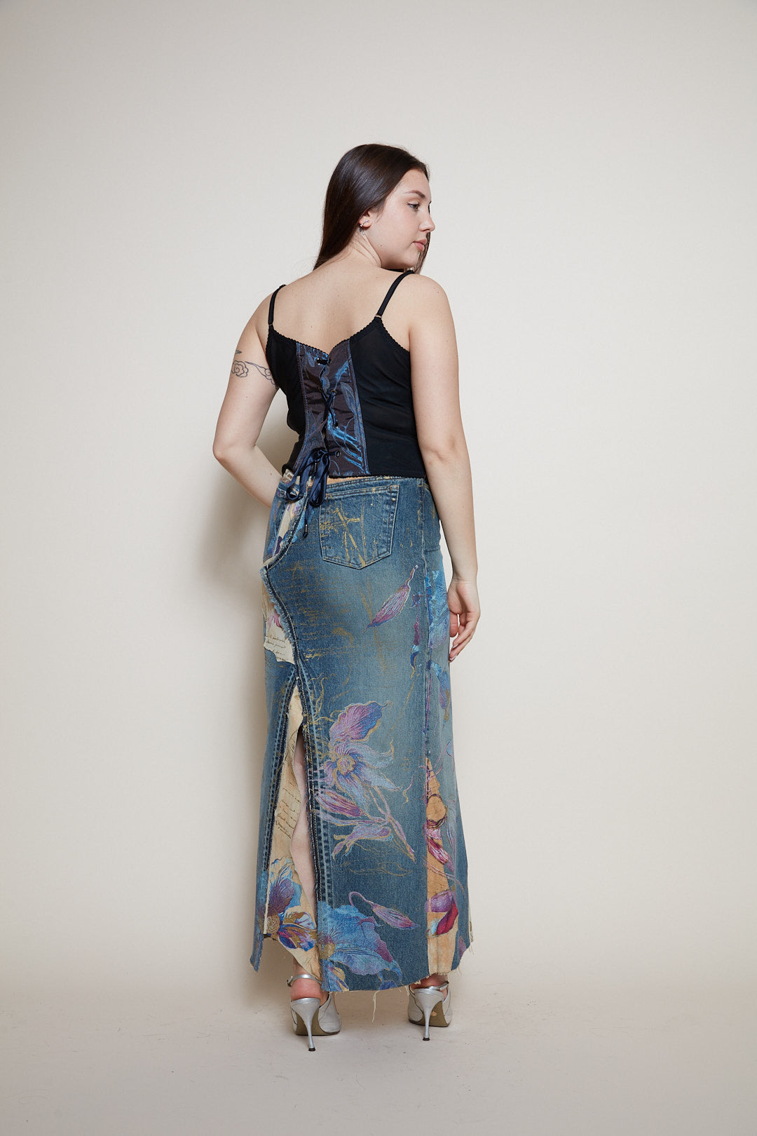 Roberto Cavalli painted denim leather skirt