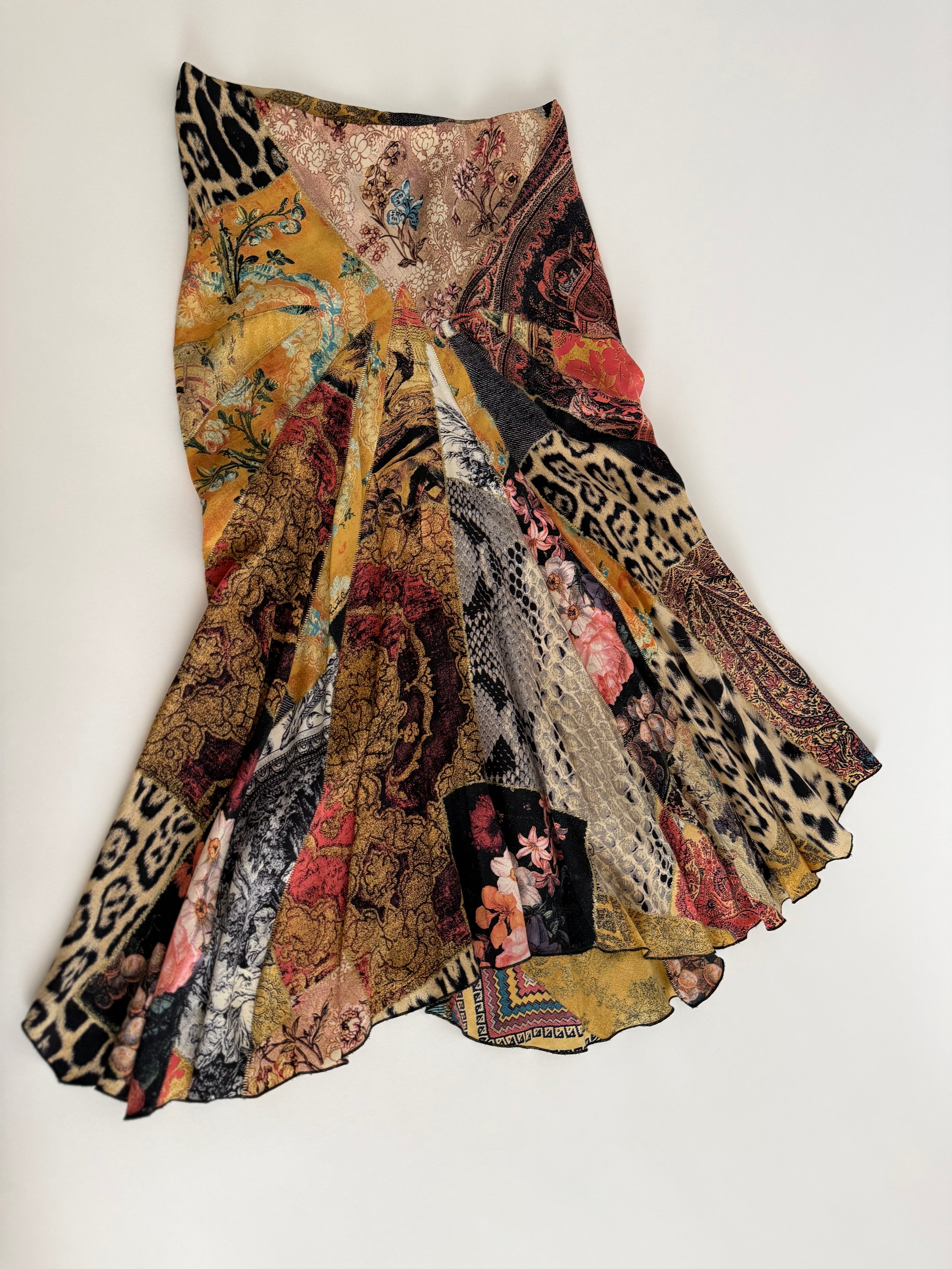 Roberto Cavalli Fw 2002 Runway patchwork pattern silk skirt