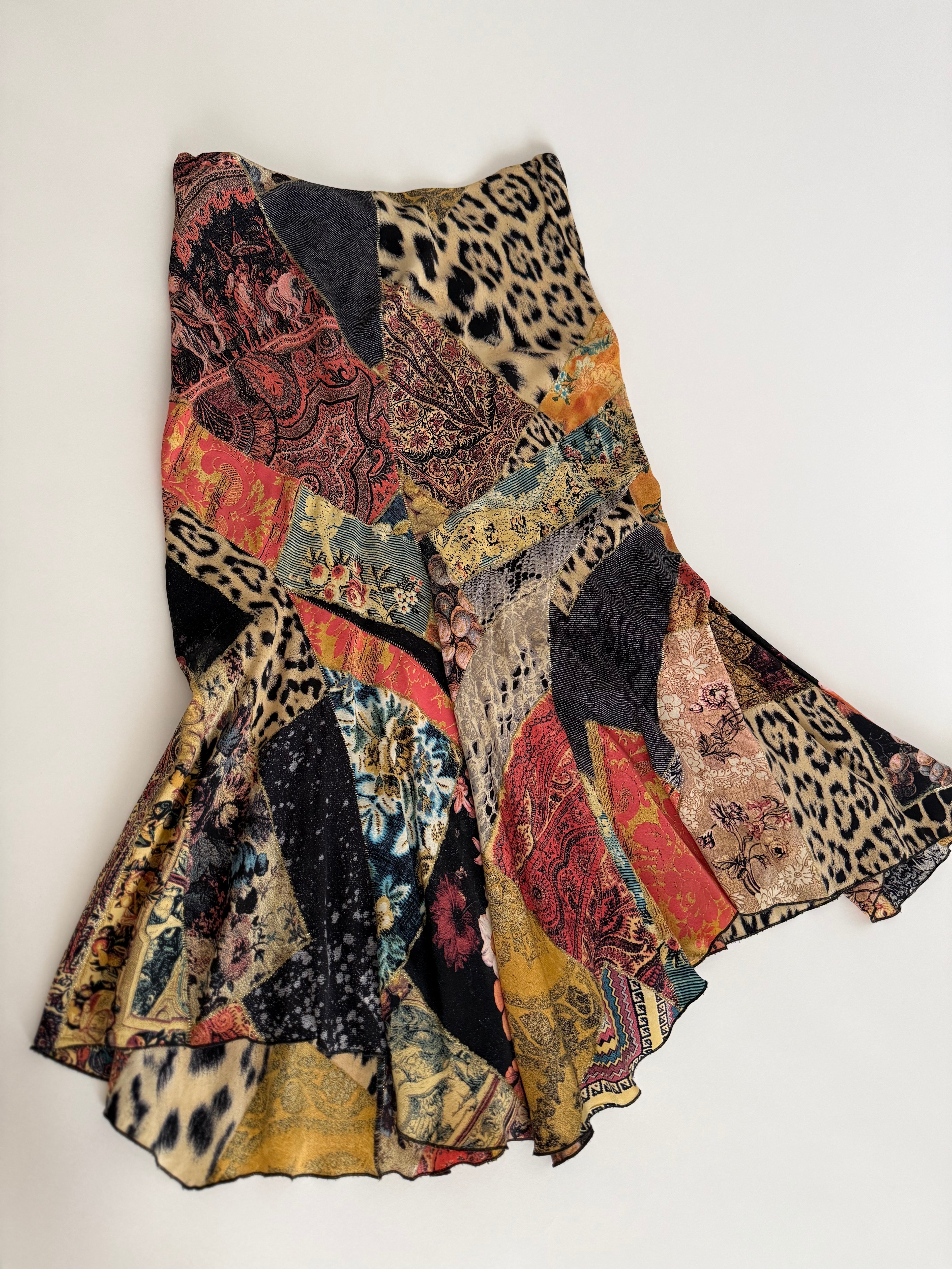 Roberto Cavalli Fw 2002 Runway patchwork pattern silk skirt