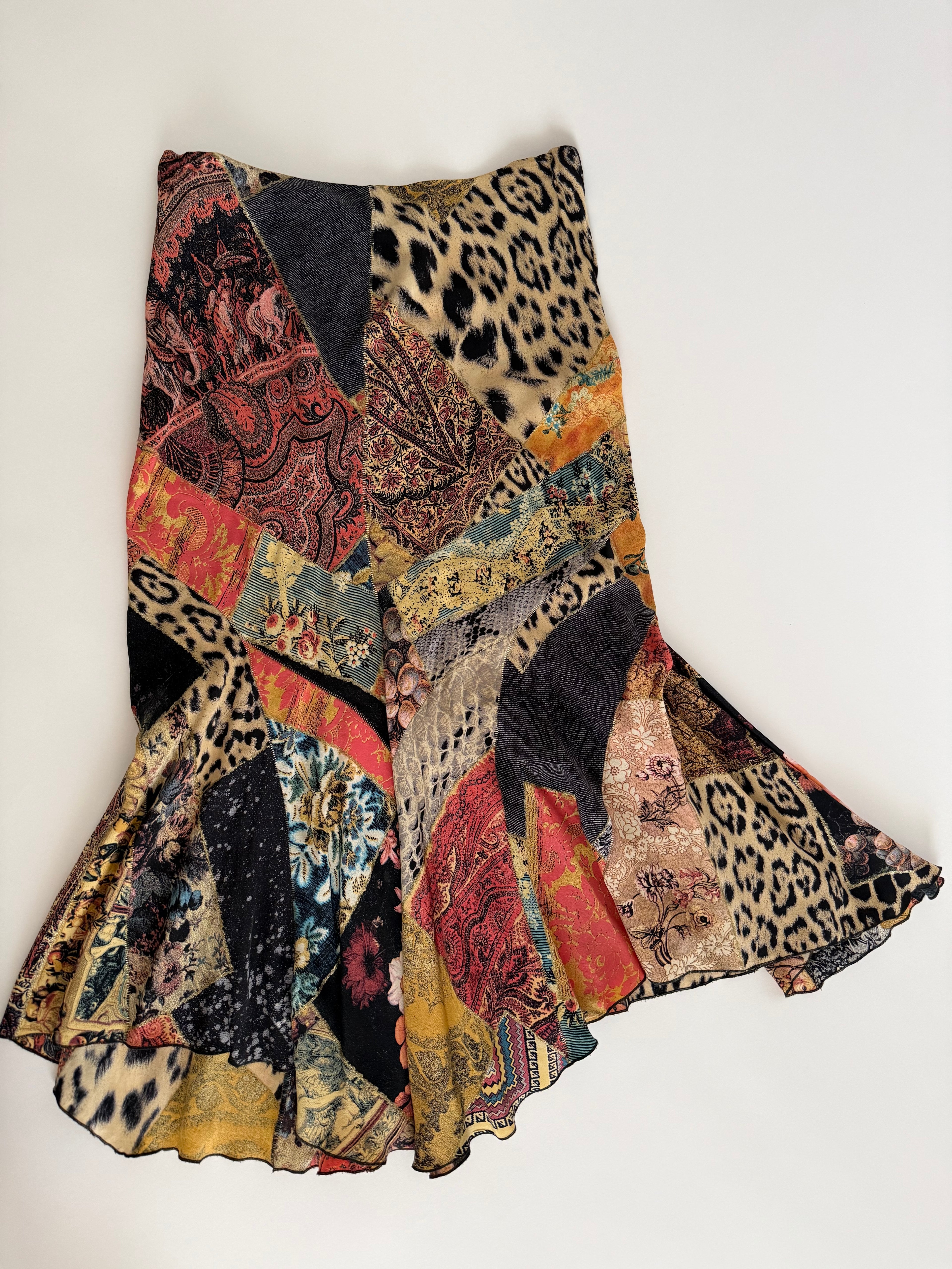 Roberto Cavalli Fw 2002 Runway patchwork pattern silk skirt