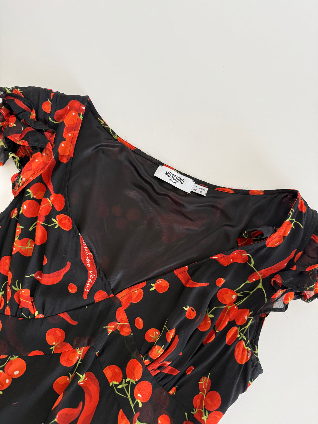 Moschino black silk dress cherry tomatoes & chili peppers