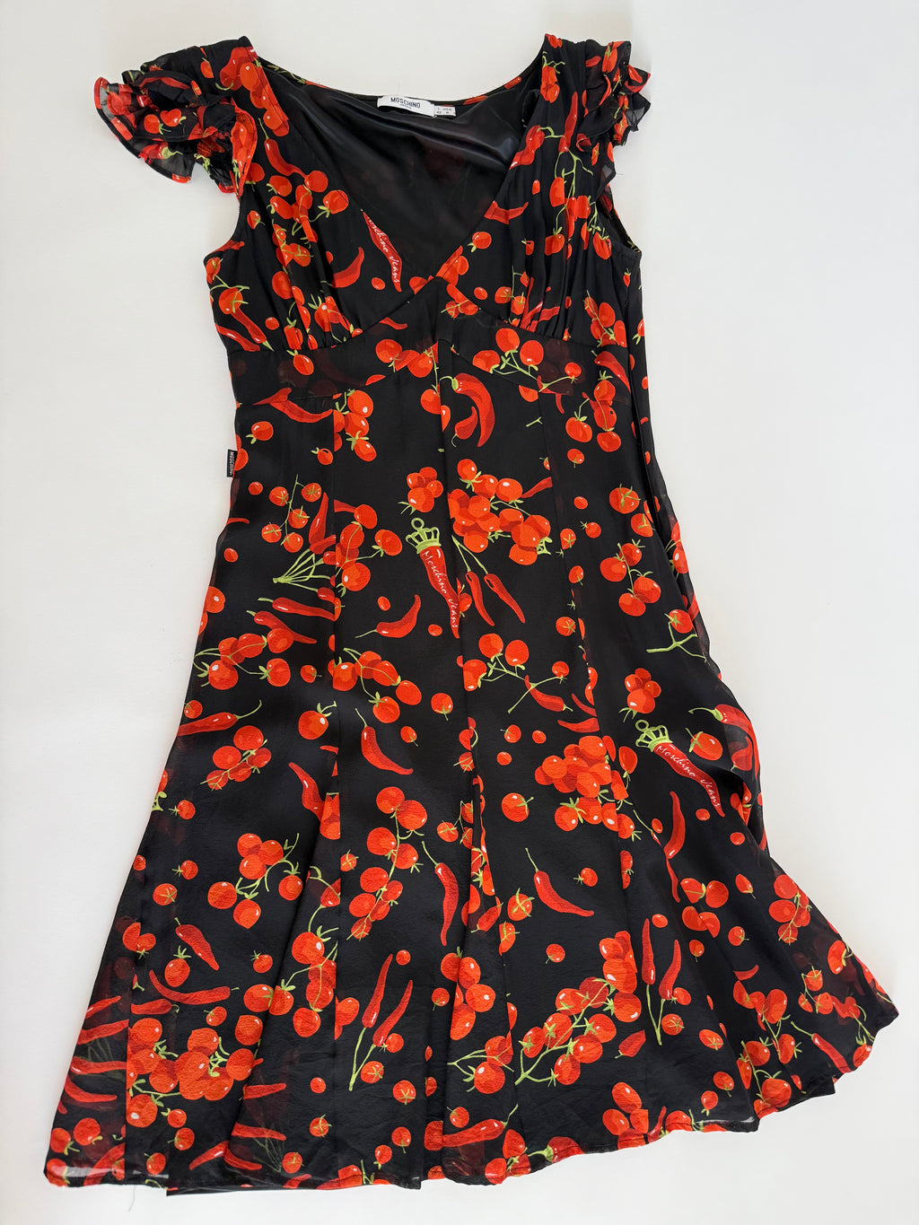 Moschino black silk dress cherry tomatoes & chili peppers