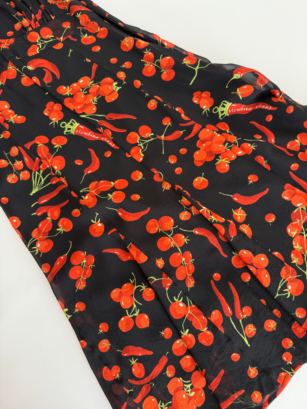Moschino black silk dress cherry tomatoes & chili peppers
