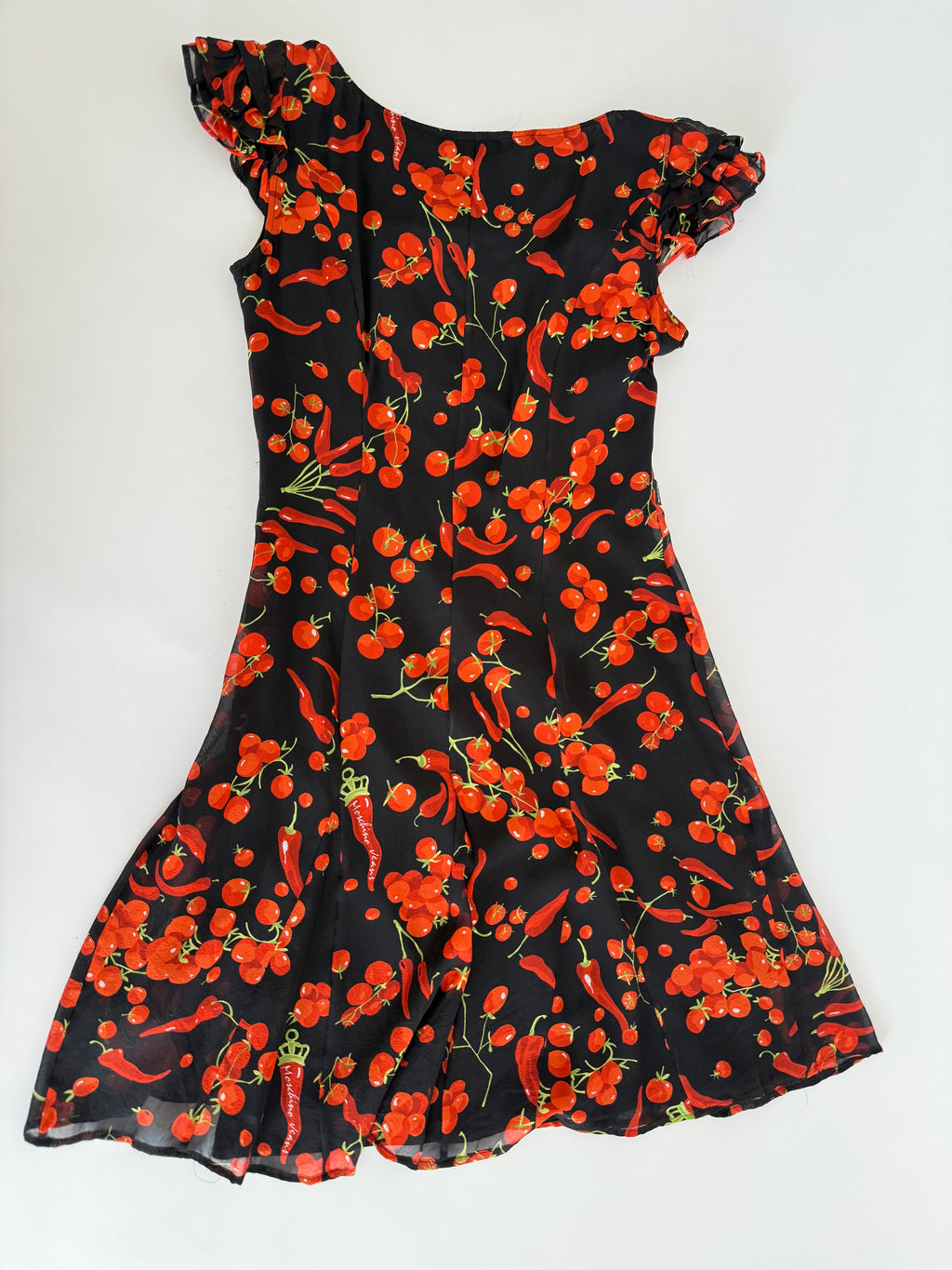 Moschino black silk dress cherry tomatoes & chili peppers
