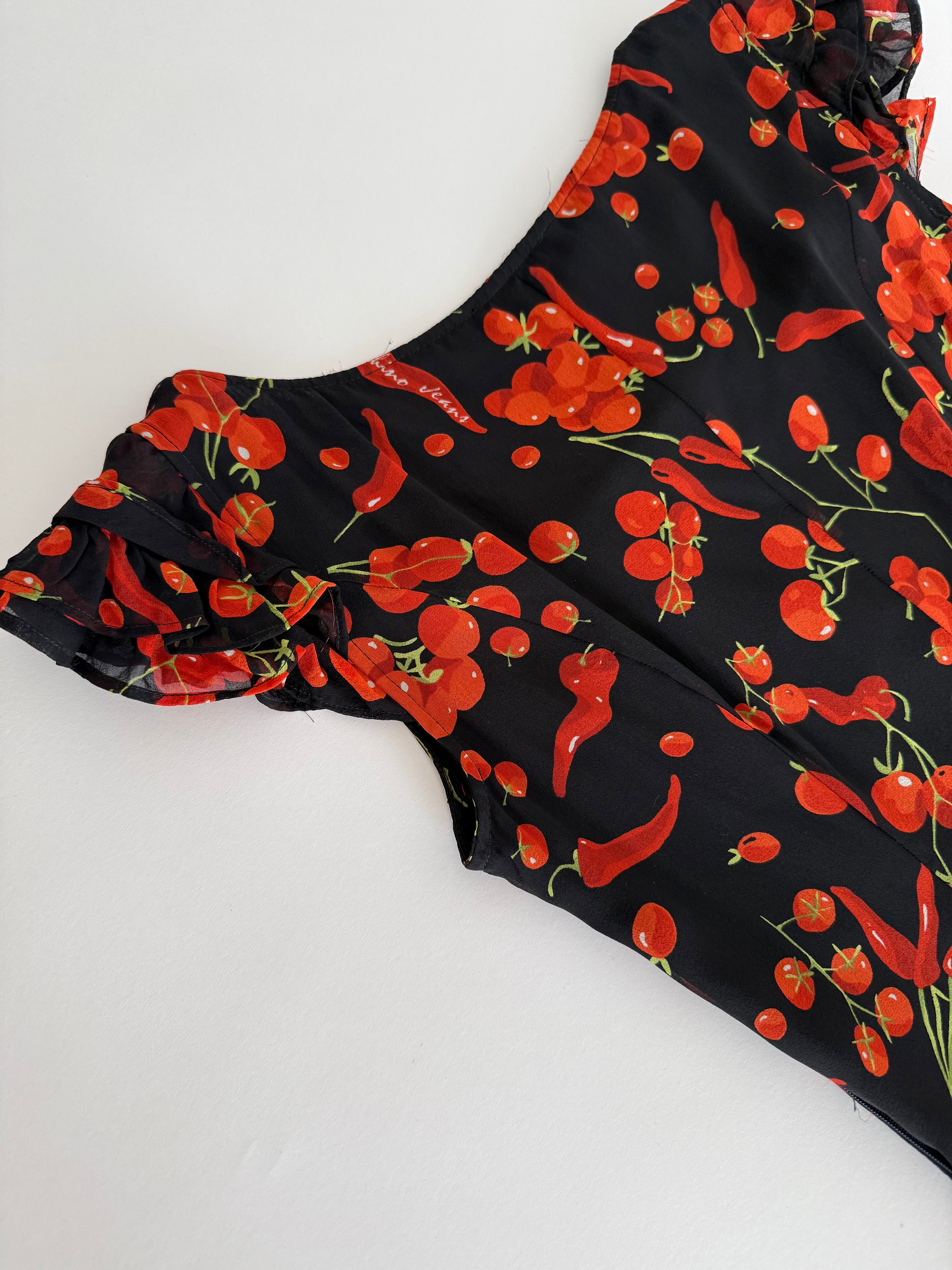 Moschino black silk dress cherry tomatoes & chili peppers