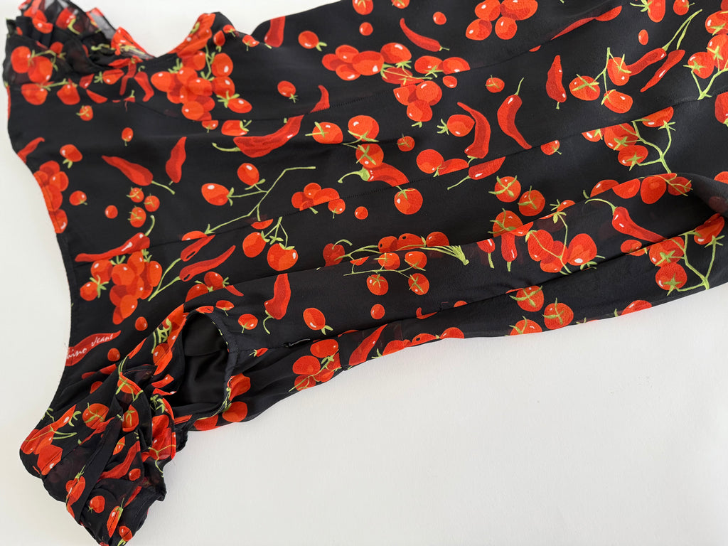 Moschino black silk dress cherry tomatoes & chili peppers