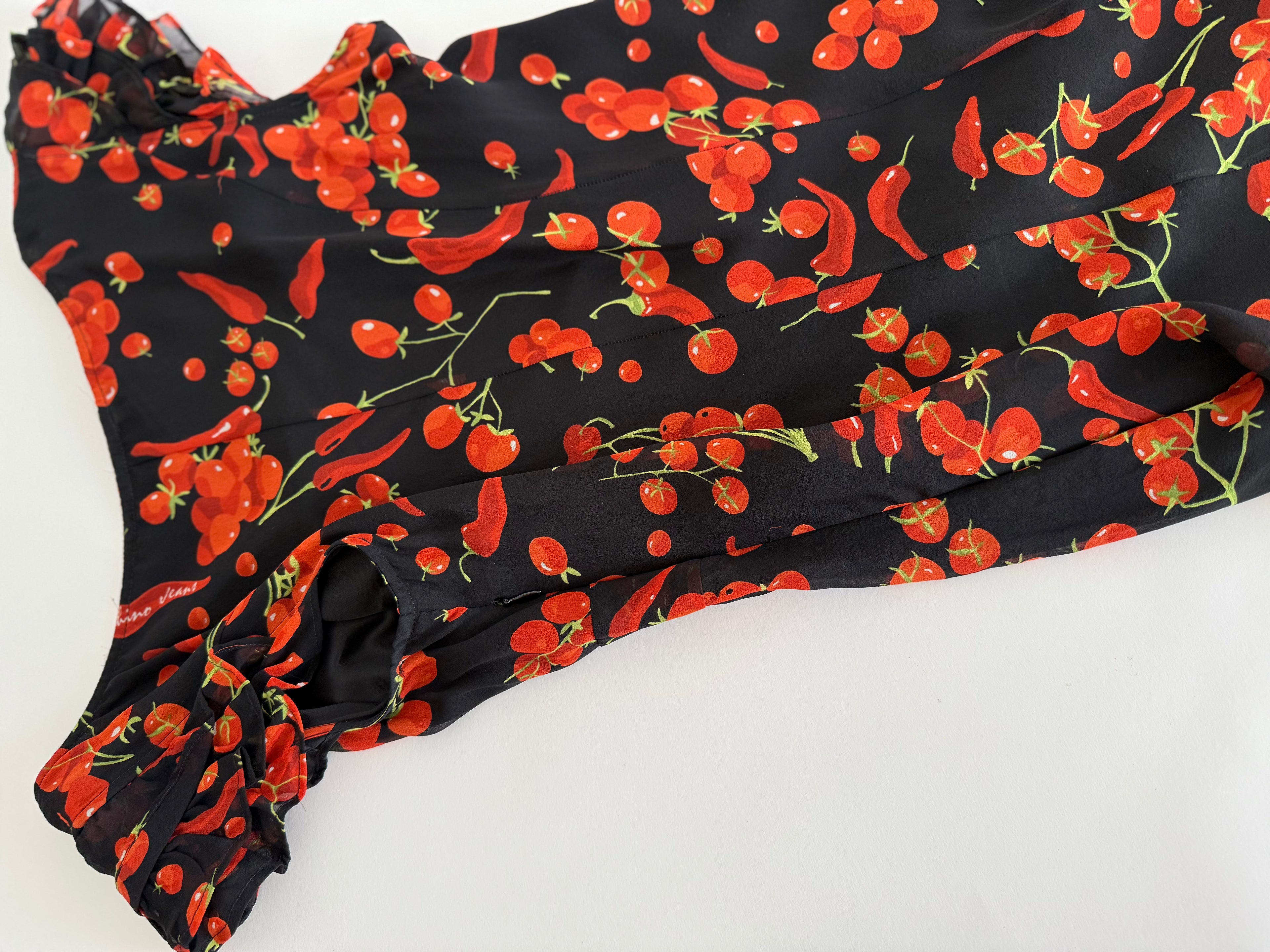 Moschino black silk dress cherry tomatoes & chili peppers