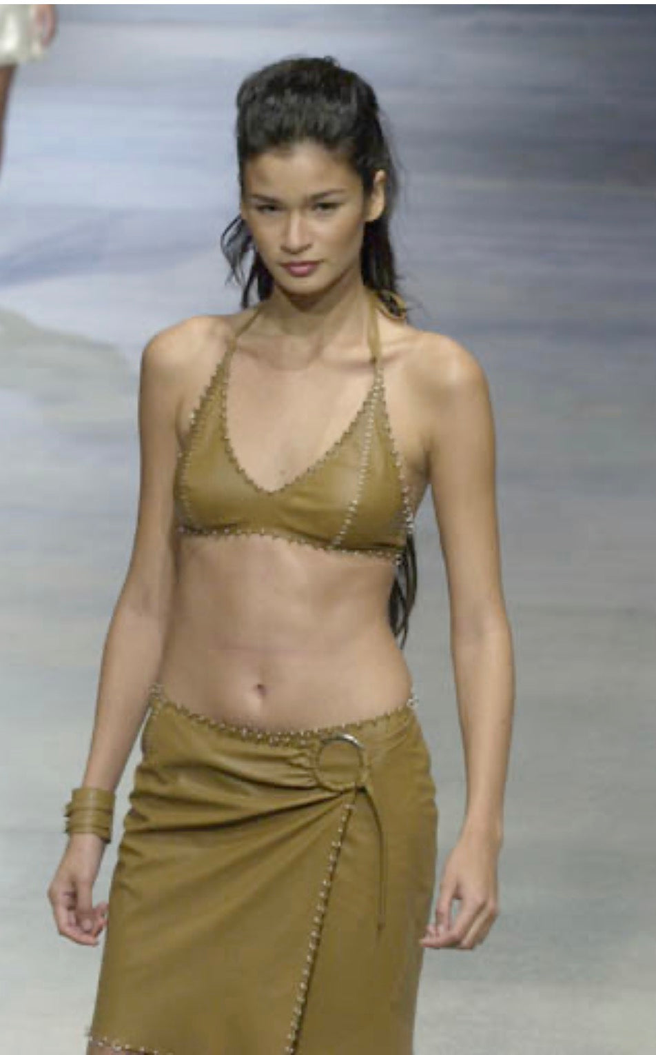 Paco Rabanne SS 2001 Runway leather brown rings skirt