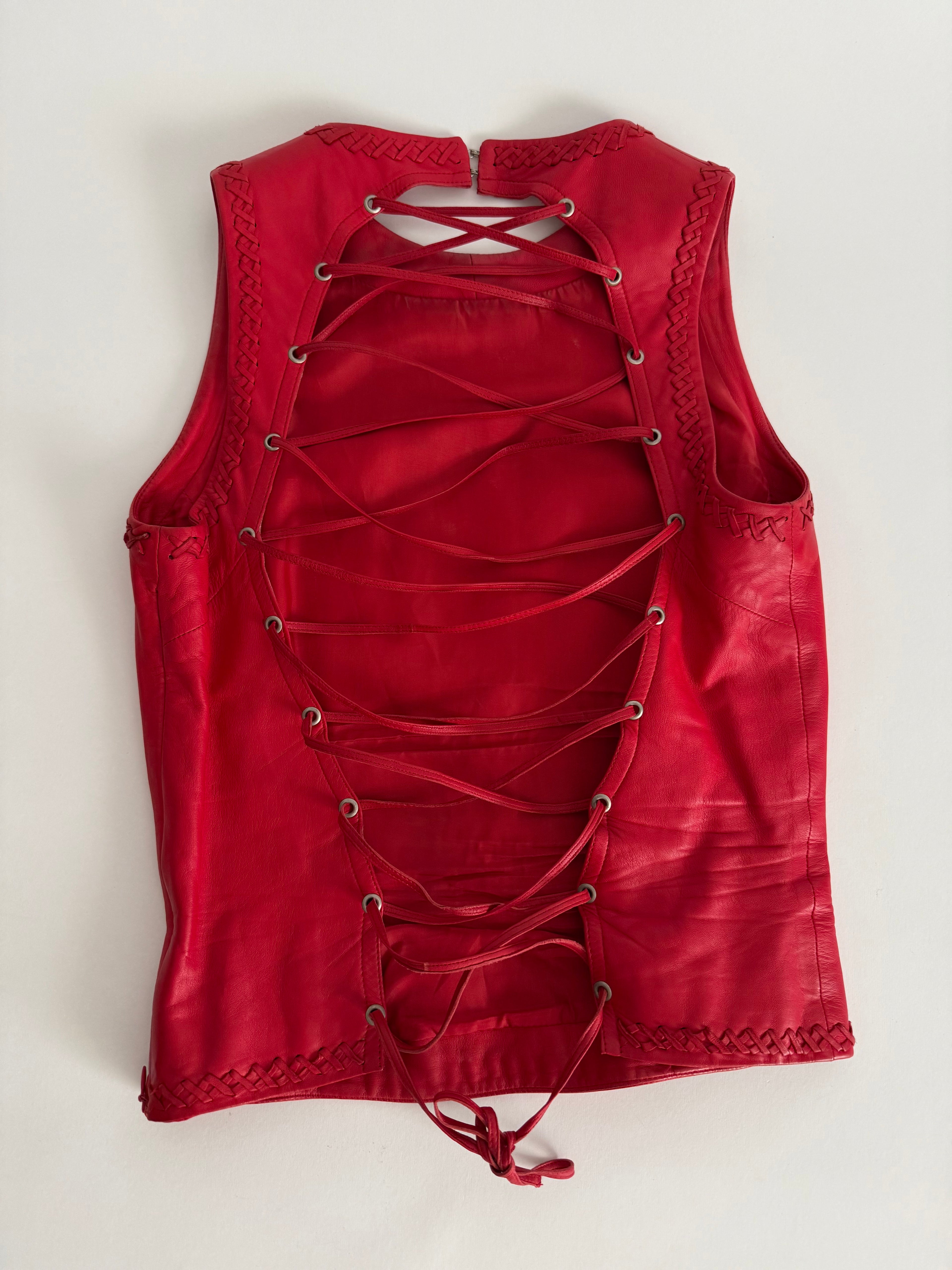 Runway leather lace up red top SS 2002 Gianni Versace