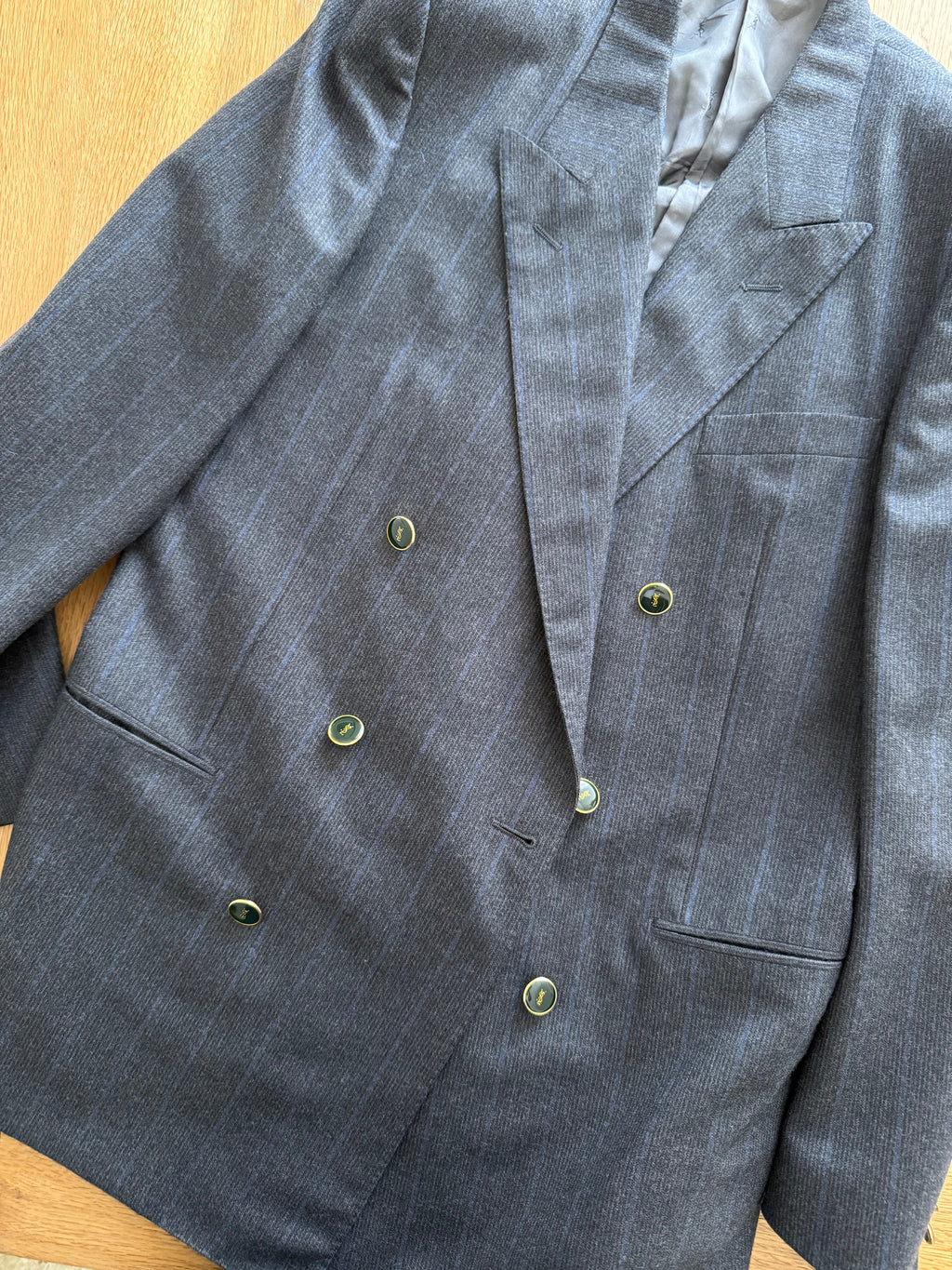 Yves Saint Laurent 90s wool blazer blue gray stripes