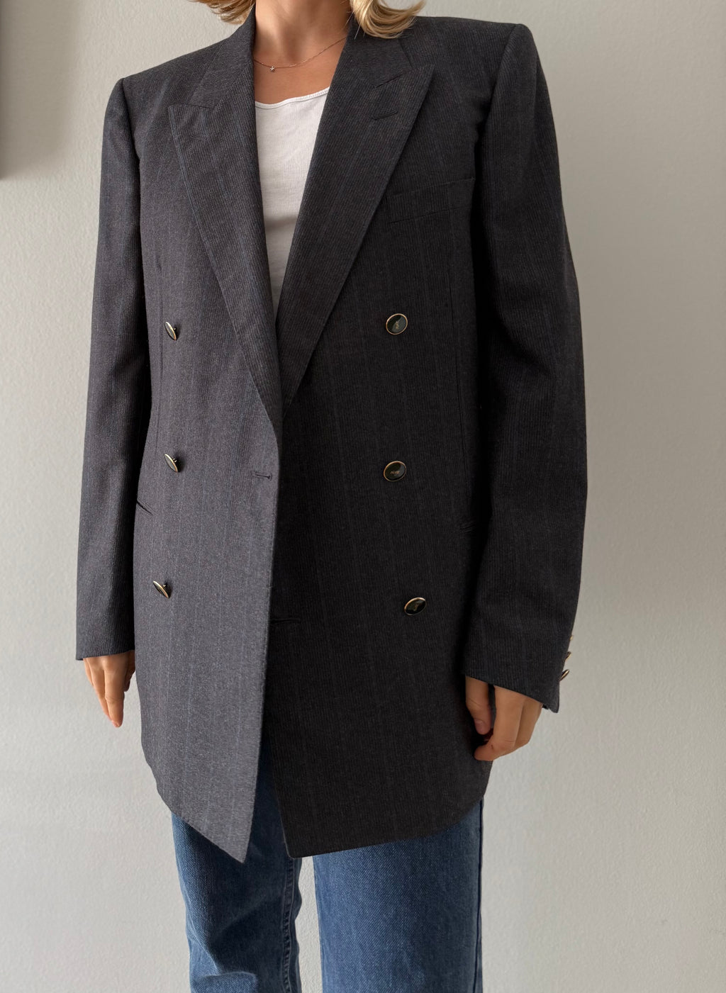 Yves Saint Laurent 90s wool blazer blue gray stripes